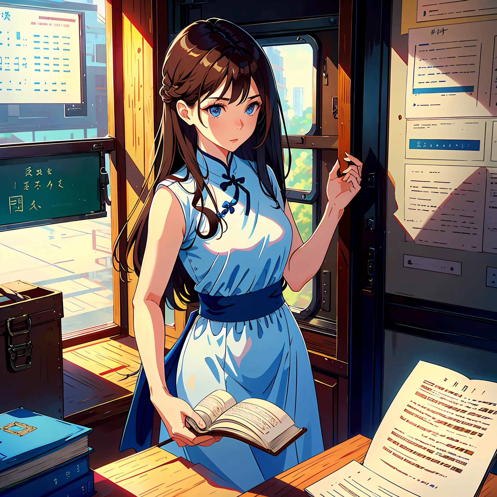 A woman, teacher by profession, long brown hair, blue eyes, white cheongsam, looking at a book, standing, classroom background