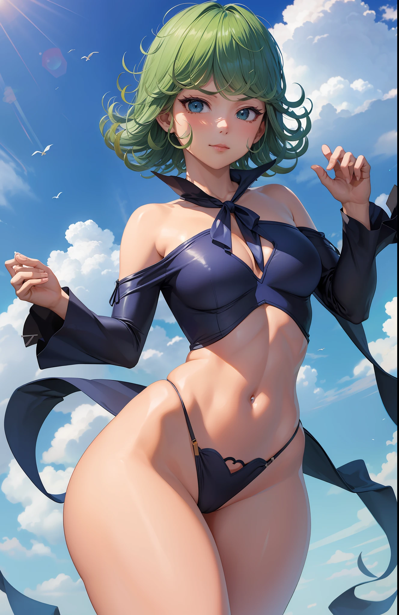 (masterpiece, best quality:1.2), cowboy shot, solo, 1girl, tatsumaki, lustful, closed mouth, looking at the viewer, ass, wide hips, shirt, thong, short shorts, blue sky, clouds, erotica, groin neckline