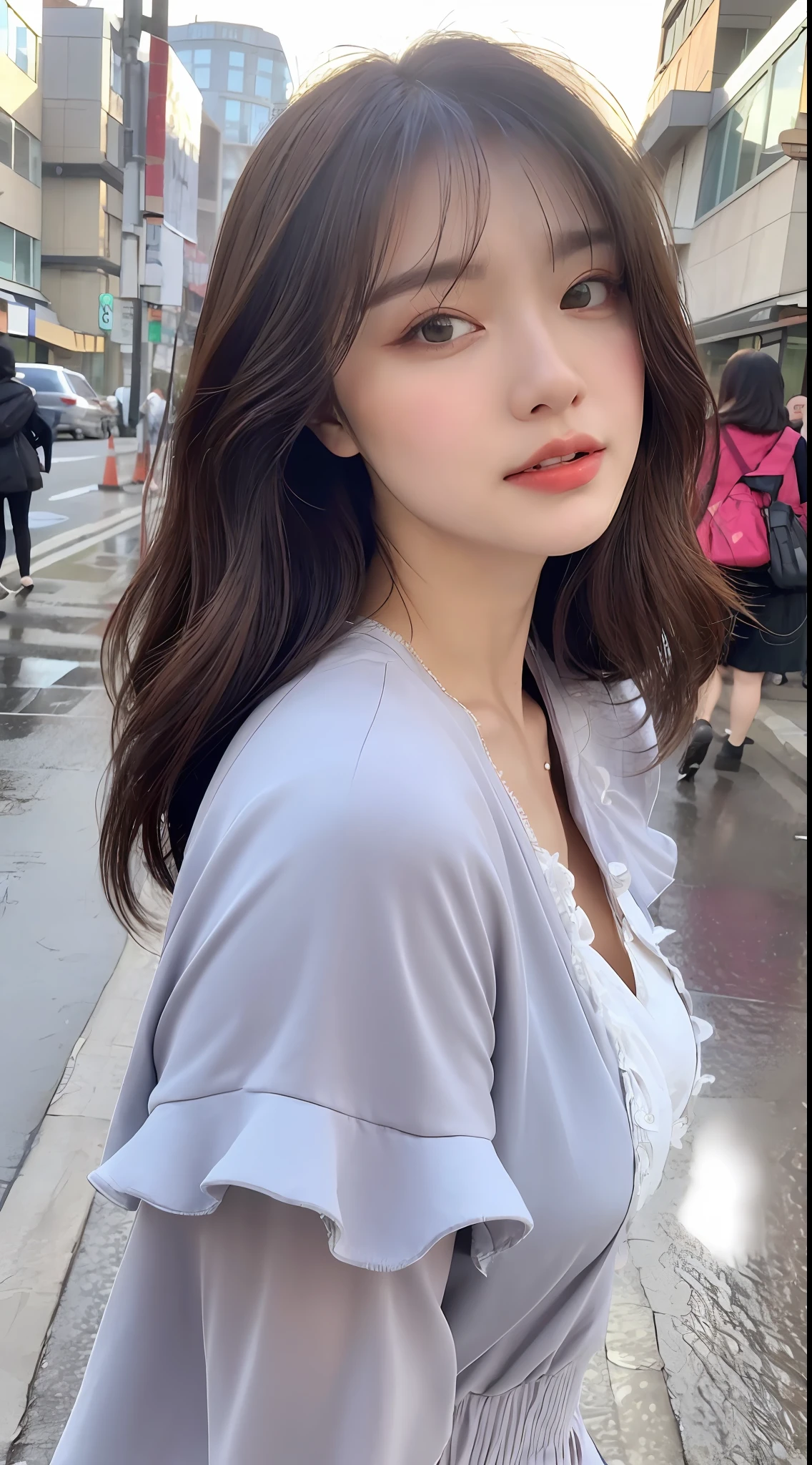 ((Best Quality, 8k, Masterpiece: 1.3)), Focus: 1.2, Perfect Body Beauty: 1.4, Buttocks: 1.2, (Layered Haircut: 1.2)), (Rain, Street:1.3), Highly detailed face and skin texture, Fine eyes, Double eyelids, Whitening skin, Long hair, (Round face: 1.5), sweet_ta