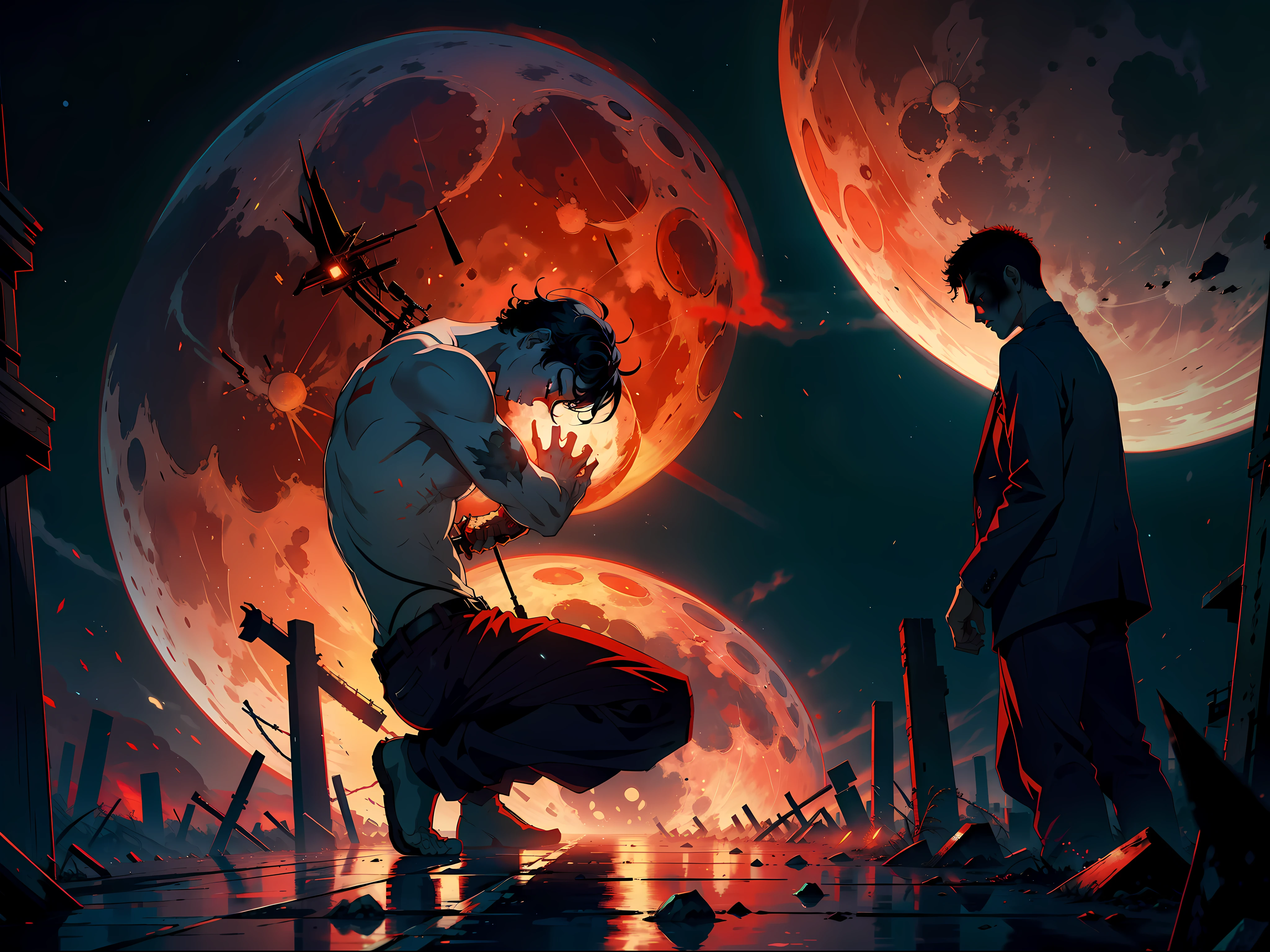 Huge red moon, dim city, a man kneeling on the ground, holding his head in his hands, painful, spikes growing on his back, surreal