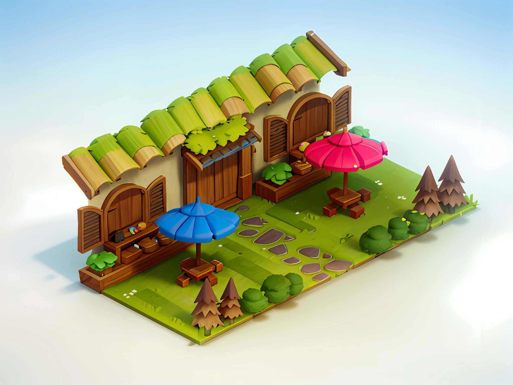 isometric 3D, cartoon style, polygon, fantasy, wooden windows, gates, parasols, ponds, fences, tables and chairs, grass, paths, casual play style, creative, best detail, cartoon style, 3d, blender, masterpiece, sunny, sims style, isometric sim, soft shadows, best quality, cartoon rendering, 8K --auto --s2