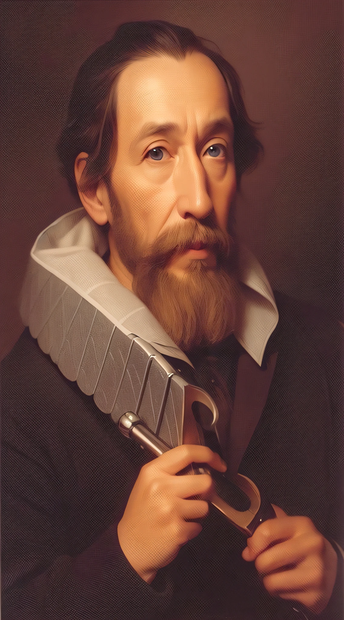Portrait of Hans Lippershey, holding a telescope, ultra realistic, realistic