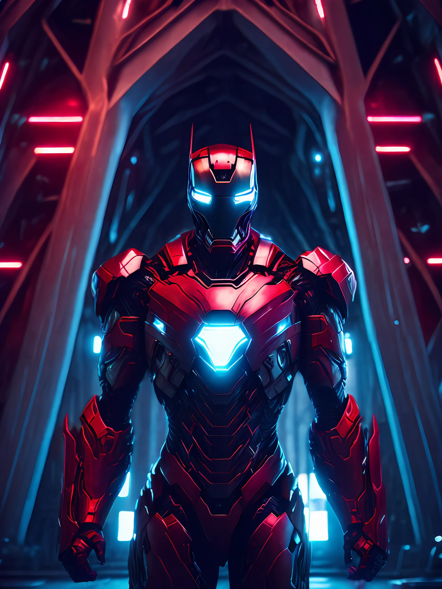 grim portrait of Iron Man 2099 from Marvel Comics with intricate angular cybernetic implants inside a brutalist building, gothic brutalist cathedral, cyberpunk, award-winning photo, bokeh, neon lights, cybernetic limb