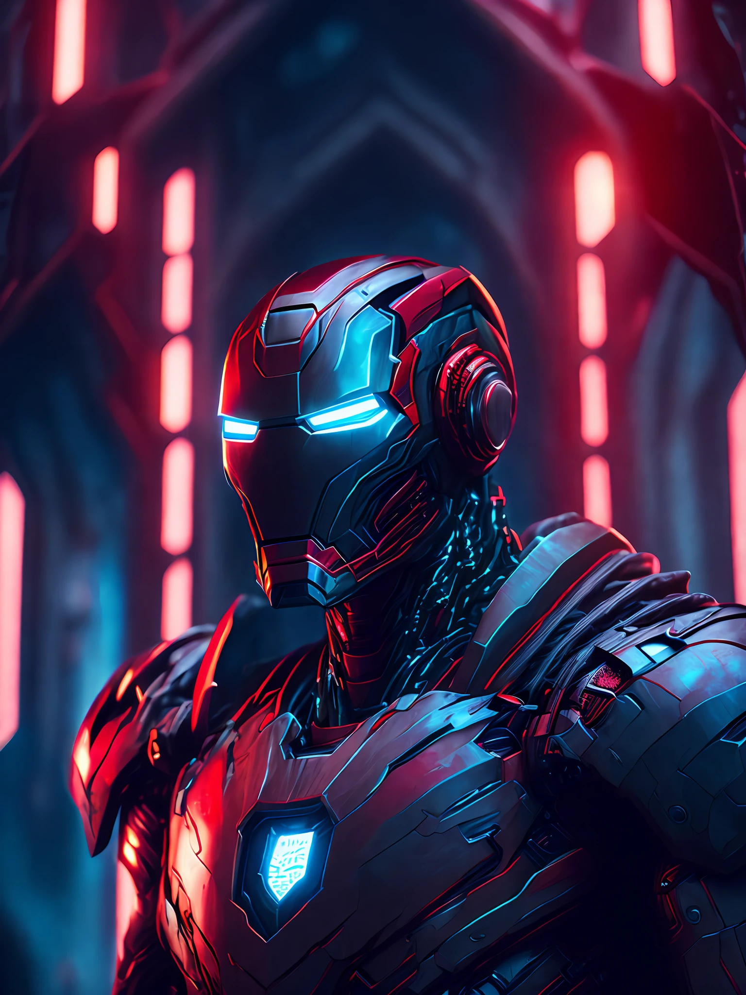 grim portrait of Iron Man 2099 from Marvel Comics with intricate angular cybernetic implants inside a brutalist building, gothic brutalist cathedral, cyberpunk, award-winning photo, bokeh, neon lights, cybernetic limb