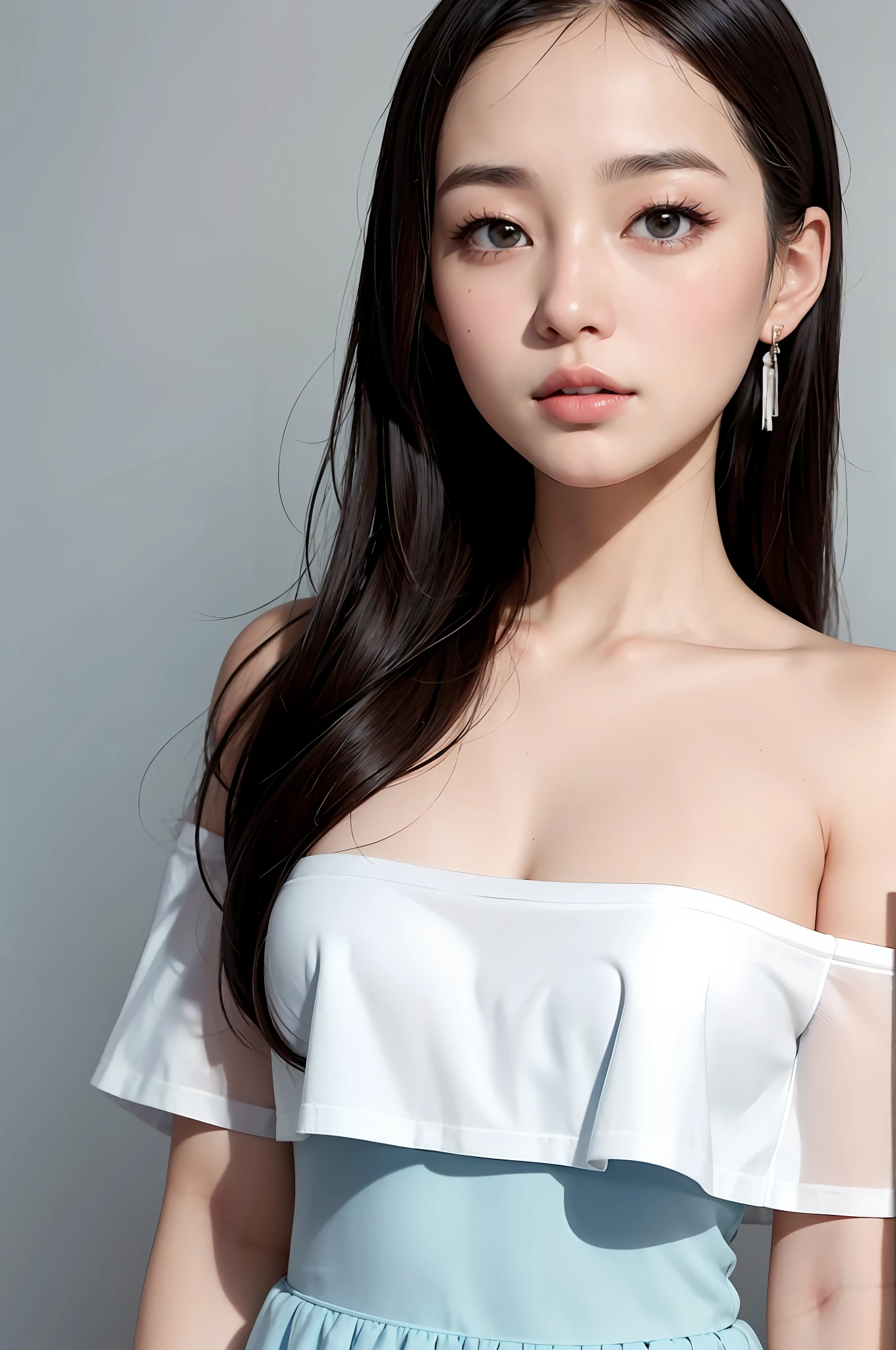 Fashion trendy beautiful and charming woman, gentle and charming Chinese beautiful woman, delicate and sexy collarbone, charming oval face, double eyelids, smart peach blossom eyes, pink lips, small nose, bare shoulders, focus on the face, close-up of the face, Ultra-high-definition, super-detailed, the white off-the-shoulder shirt perfectly echoes the light blue slit skirt, fresh and impressive