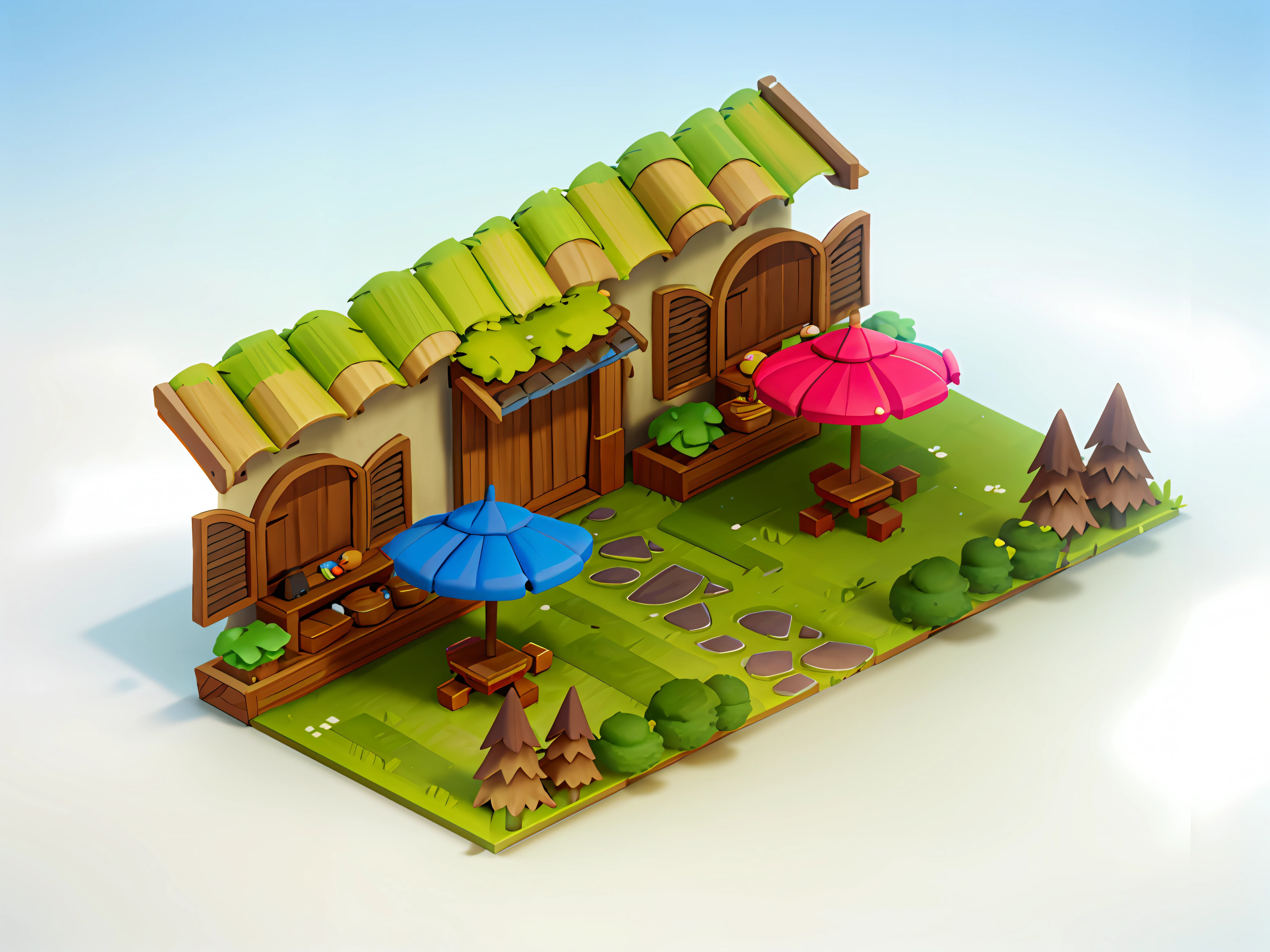 isometric 3D, cartoon style, polygon, fantasy, wooden windows, gates, parasols, ponds, fences, tables and chairs, grass, paths, casual play style, creative, best detail, cartoon style, 3d, blender, masterpiece, sunny, sims style, isometric sim, soft shadows, best quality, cartoon rendering, 8K --auto --s2