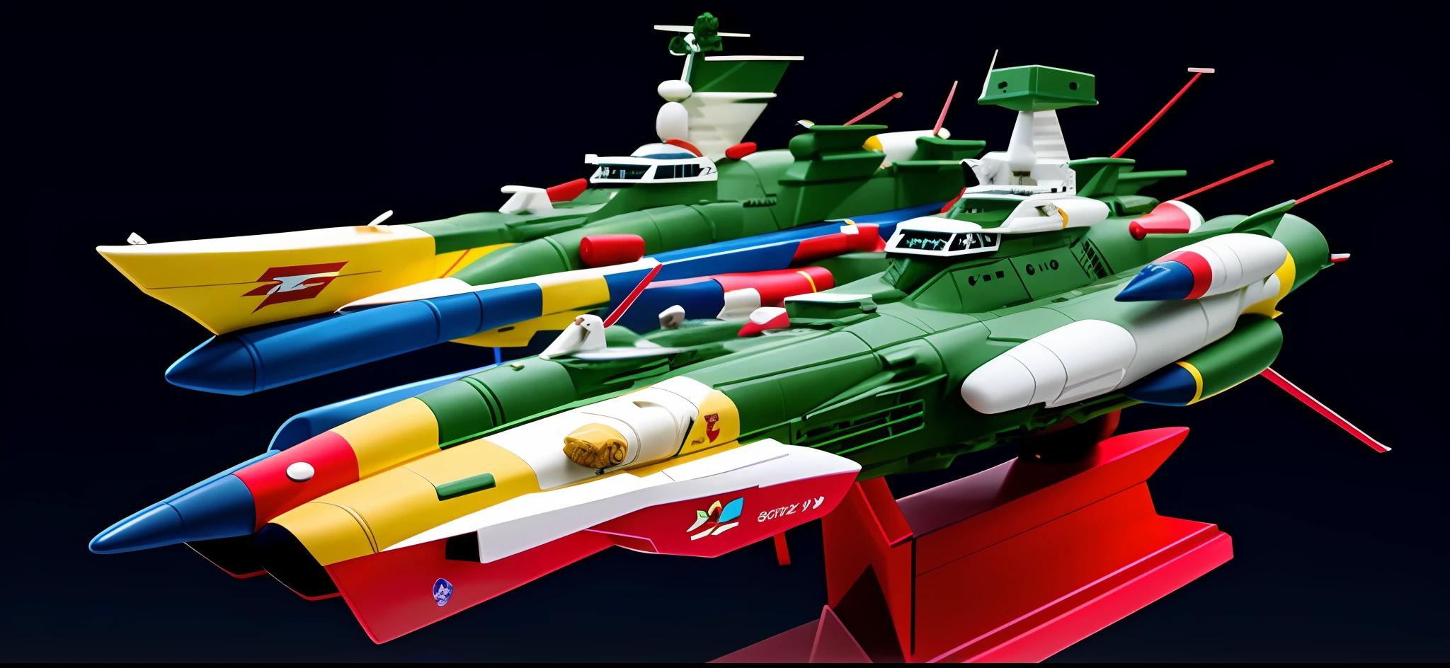 there are two model ships on a stand next to each other, yamato, style of macross, macross franchise, macross, highly detailed model, highdetailed, noriyoshi ohrai masterpiece, high detail!!, kirokaze and paul robertson, bandai macross box art, cg art, warships, ultra high detailed, high detailed)