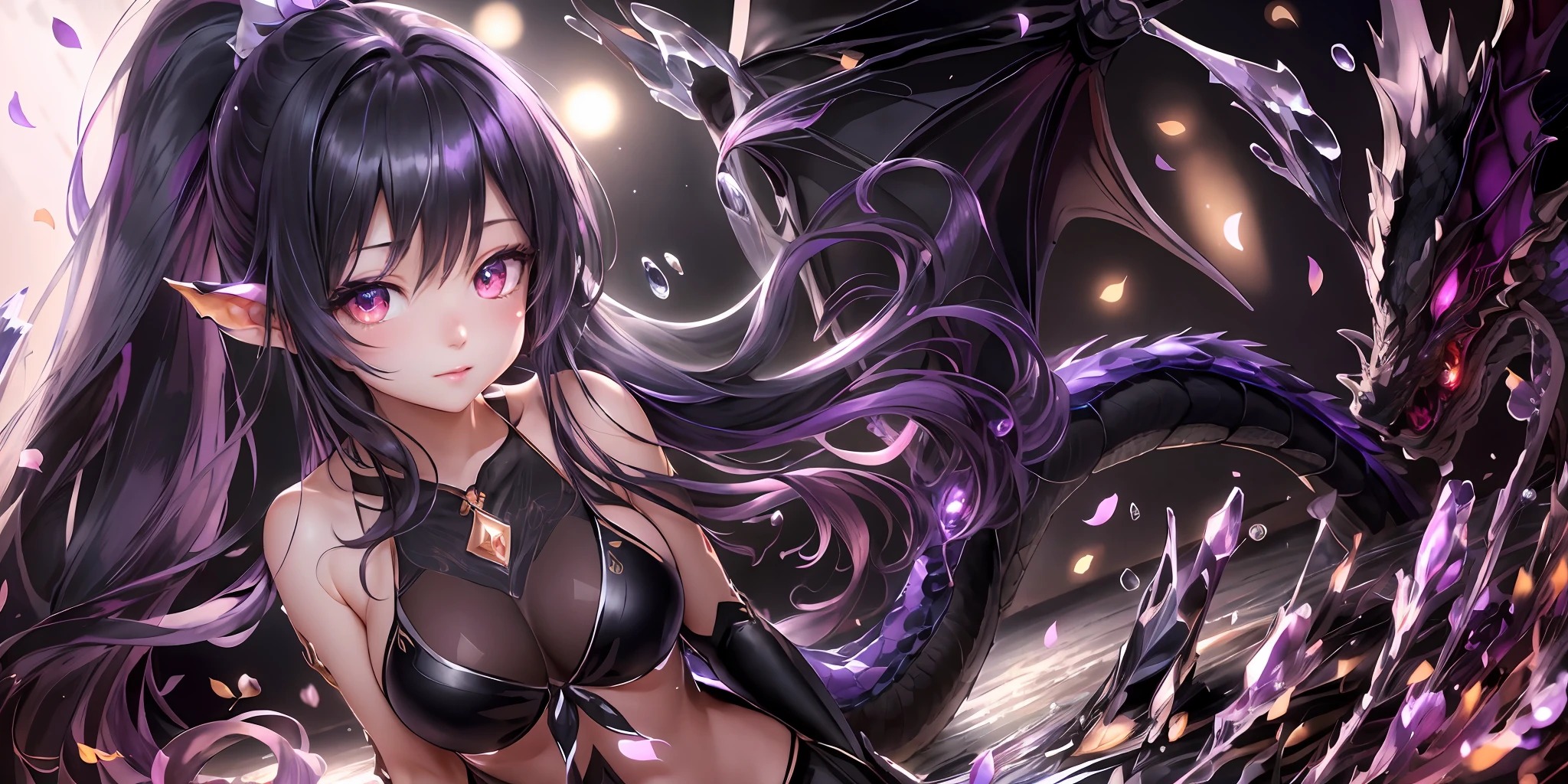 chibi,(extremely detailed CG unity 8k wallpaper),(masterpiece),(best quality),(ultra-detailed),(best illustration),(best shadow),(an extremely delicate and beautiful),dynamic angle,floating,finely detail,(bloom),(shine),glinting stars,classic,(painting),(sketch),a girl,(((dragon girl))),dragon horn,vertical pupil,solo,bare shoulders,medium_chest,diamond and glaring eyes,beautiful detailed joyful face,very long black and purple hair,floating black feathers,wavy hair,long and high ponytail,extremely delicate and beautiful girls,beautiful detailed eyes,pink eyes,glowing eyes,sparkles,((petals)),dragon background,(((water))),glass fragments,white background