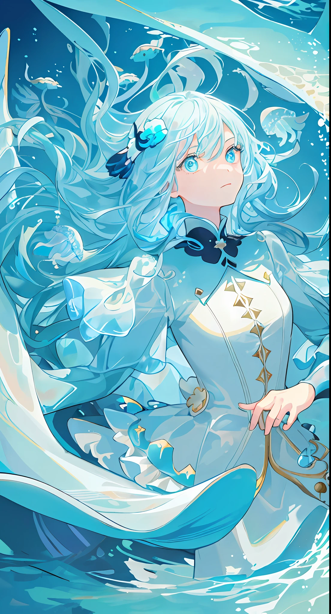((masterpiece, top quality)), (negative space: 1.2), (1 girl, solo: 1.4), beautiful detailed eyes, beautiful finger shape, correct body orientation, floating hair, underwater, bubbles, fish, (jellyfish), fluorescent, sea turtle, seaweed,