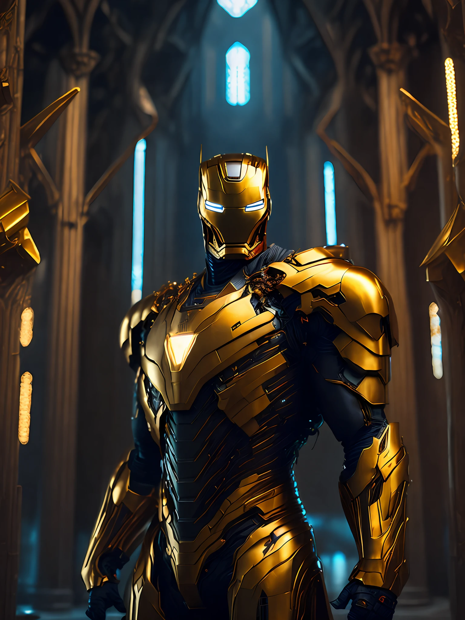 grim portrait of Gold Iron Man from Marvel Comics with intricate angular cybernetic implants inside a brutalist building, gothic brutalist cathedral, cyberpunk, award-winning photo, bokeh, neon lights, cybernetic limb