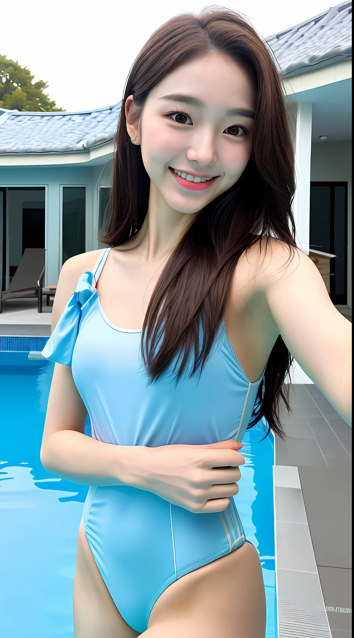 realistic photos of (1 cute Korean star) Shoulder-length hair, thin makeup, medium breasts size, slightly smile, swimsuit, selfie, at pool villa, clear facial features of Canon EOS, 8K high resolution, sharp and realistic details.