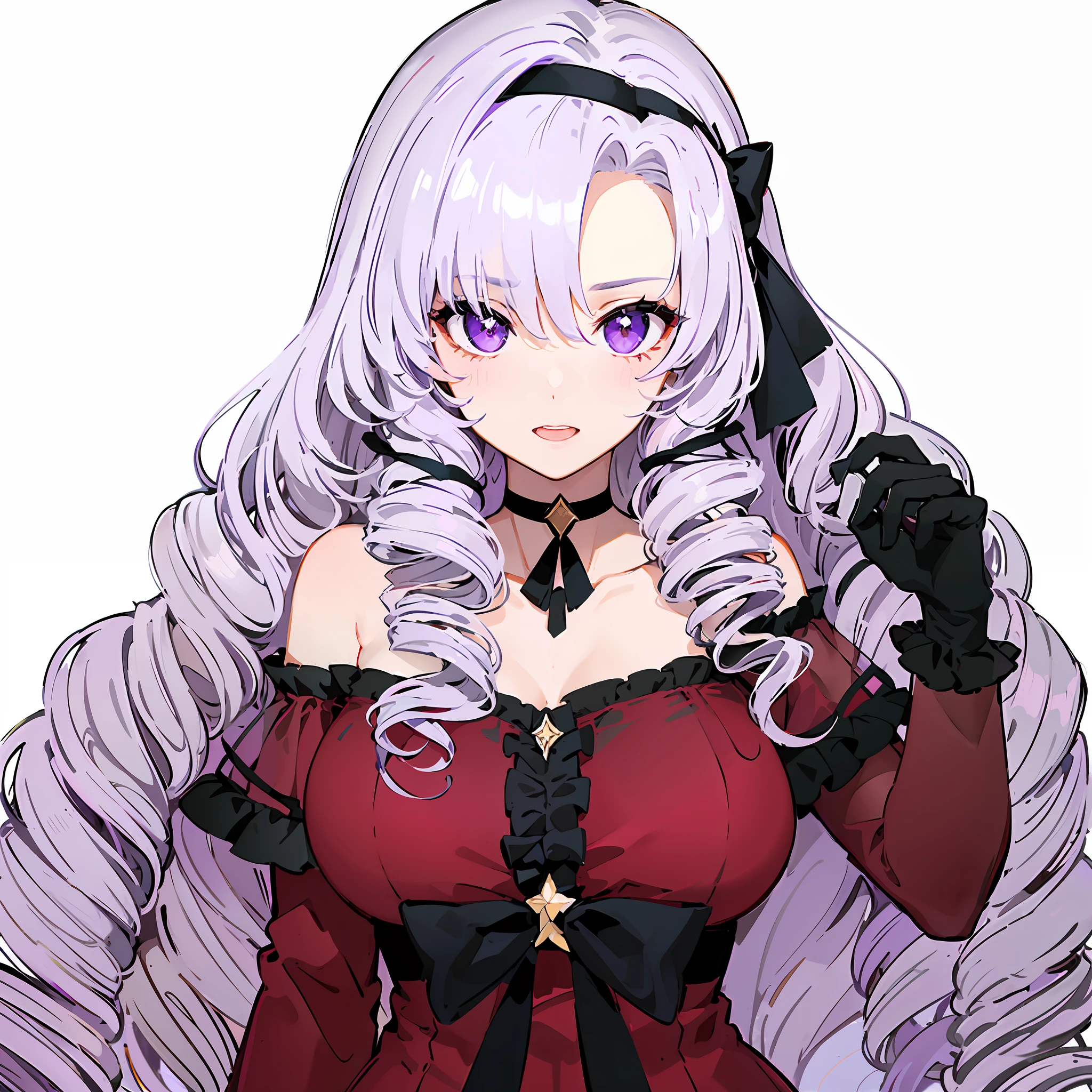 Solo, Long hair, Chest, Drill hair, Twin Drill, Gloves, Dress, Purple eyes, Eye stars, Garter straps, Red dress, Hair band, Look at viewer, Smile, White background, Purple hair, Cleavage, Bangs, Black gloves, Tattoo on chest, Ribbon, Bare shoulders, Blushing, Simple background, Open mouth, Purple hair ribbon on the right side, Lilac hair, long sleeves, detached sleeves, off-shoulder dress, nail ring, black hair band, off-shoulder, collarbone, parted bangs, masterpiece, top quality, photorealistic, 3D, shiny_skin, shiny_hair, dynamic angles, beautiful detailed shine, HDR, Rembrandt lighting, colorful refraction, lens flare, bloom, film reflection, chromatic aberration, light diffusion, public obscenity, cowboy shot, deep meaning, physically based rendering, bright, vibrant, complex,