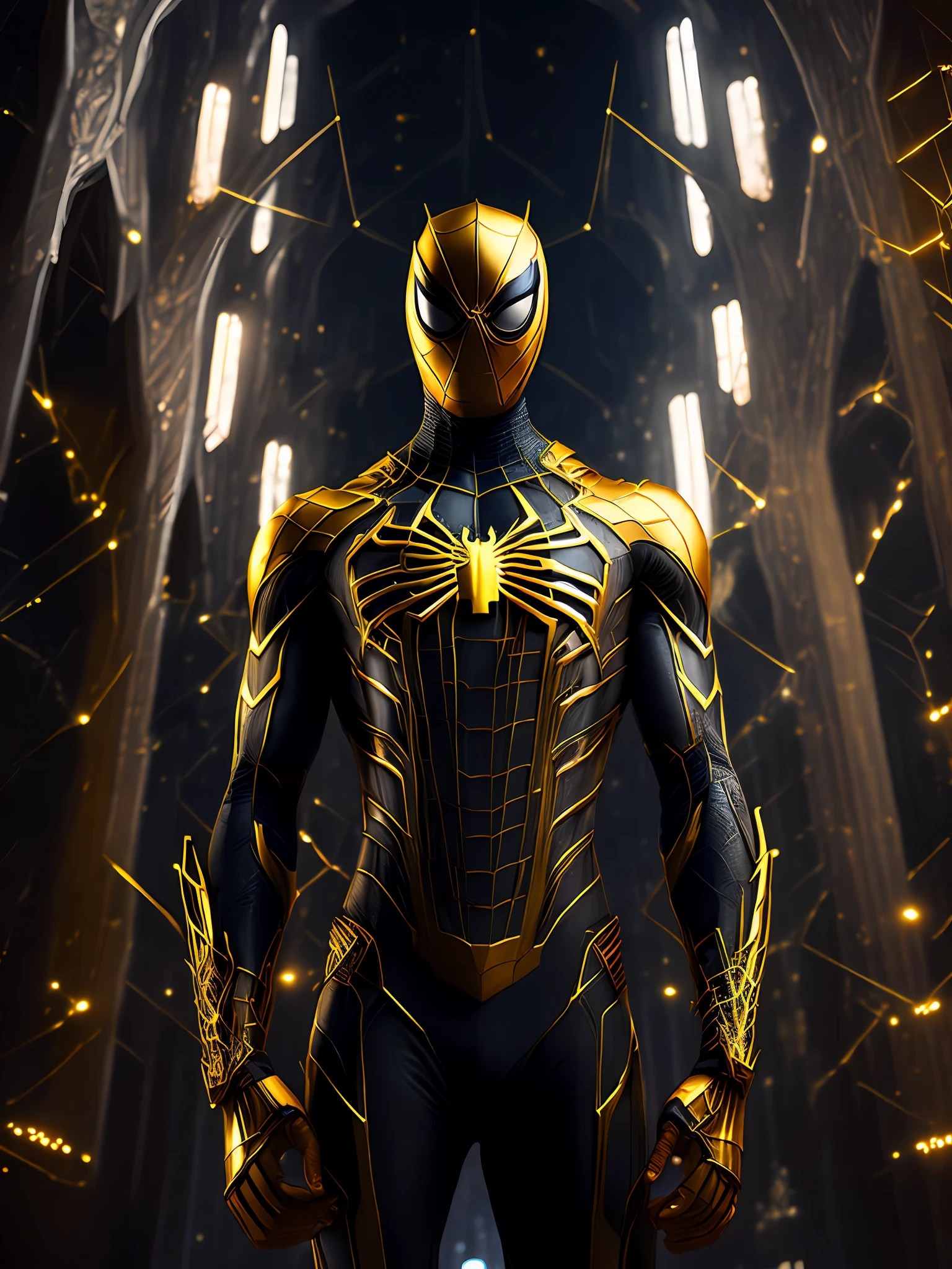 dark portrait of Gold Spider-Man from Marvel Comics with intricate angular cybernetic implants inside a brutalist building, gothic brutalist cathedral, cyberpunk, award-winning photo, bokeh, neon lights, cybernetic limb
