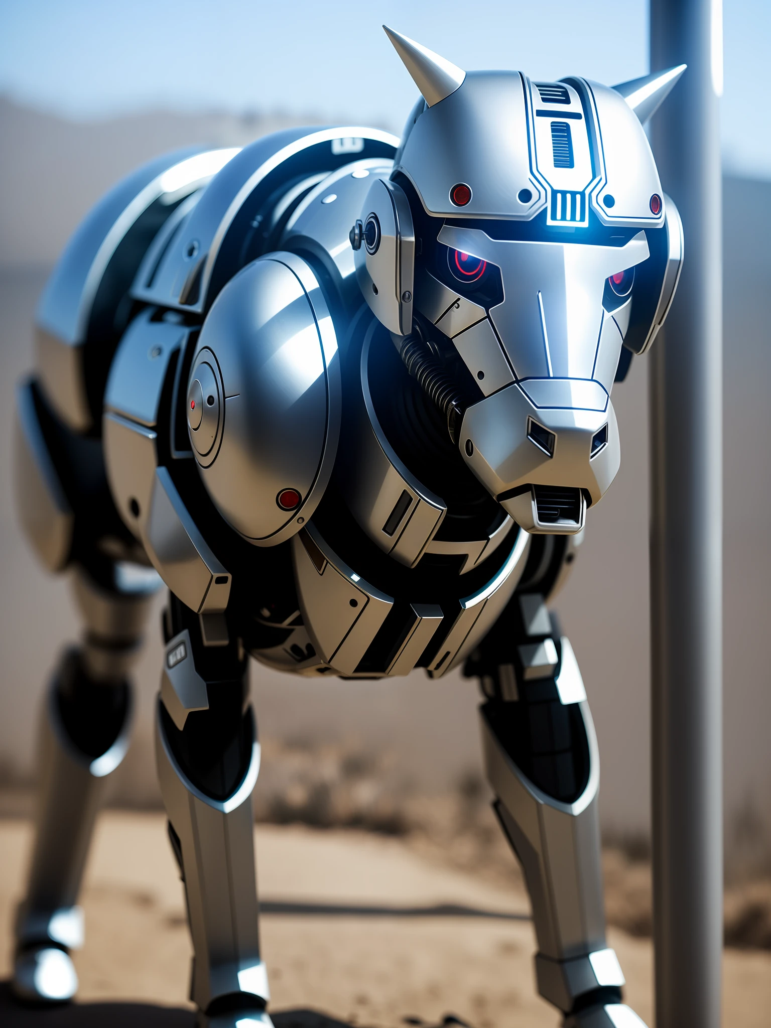 A cute calf in metal armor, (cyborg: 1.1), ([tail | detailed wire]:1.3), (complex detail), hdr, (hyperdetailed: 1.2), cinematic shot, vignette, centered