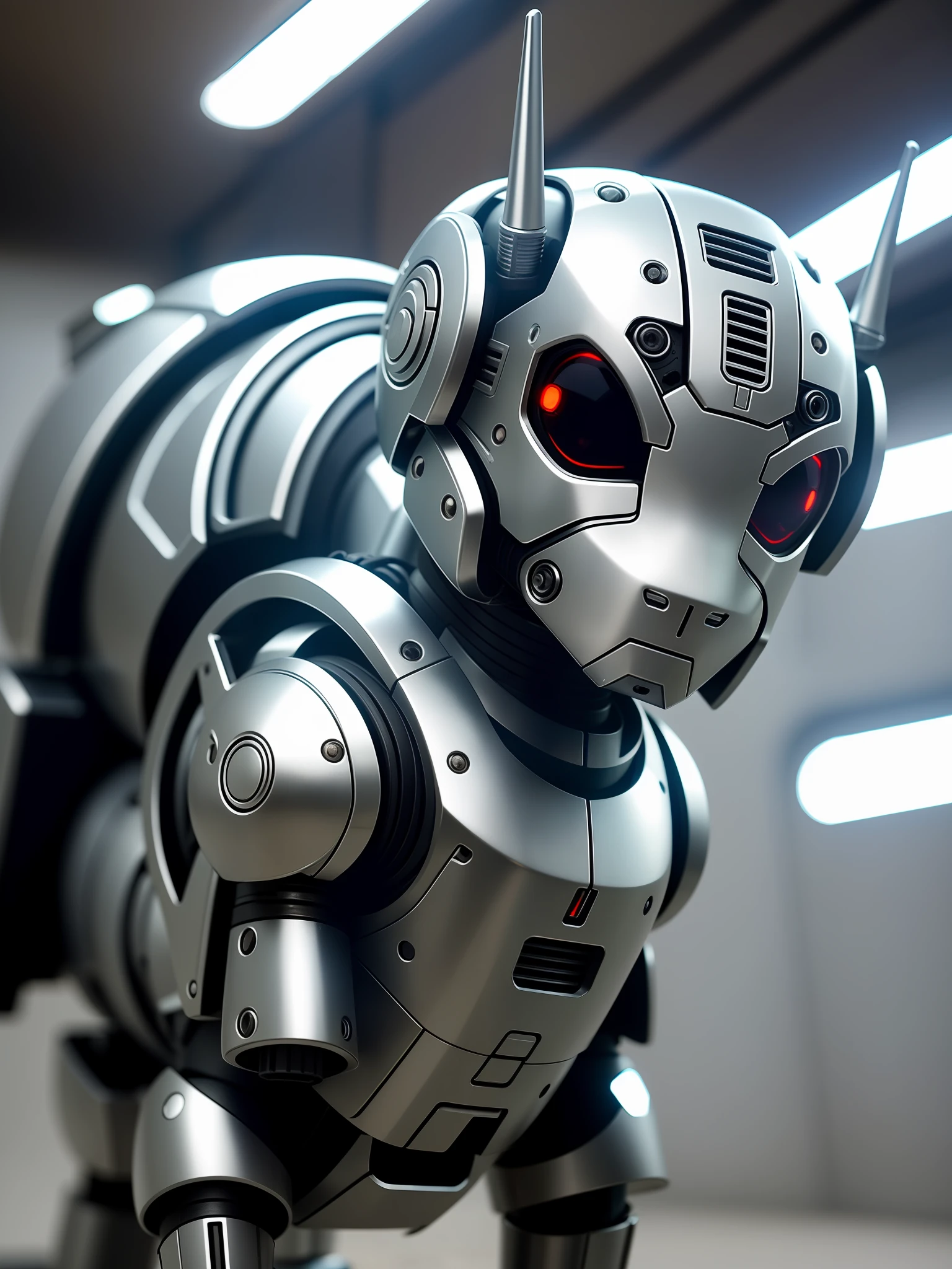 A cute calf in metal armor, (cyborg: 1.1), ([tail | detailed wire]:1.3), (complex detail), hdr, (hyperdetailed: 1.2), cinematic shot, vignette, centered