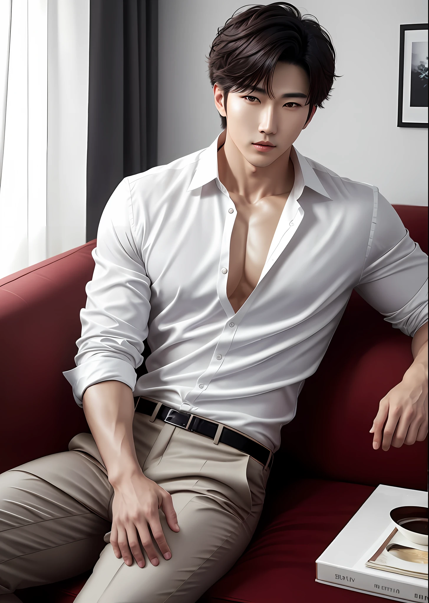 A Korean handsome guy, short hair, messy hair, frivolous, sultry, white shirt, lilies in hand, atmospheric sense, 8k, real photos, (realism: 1.3), high detail, show muscles, abs, show figure, handsome guy, sitting on the sofa