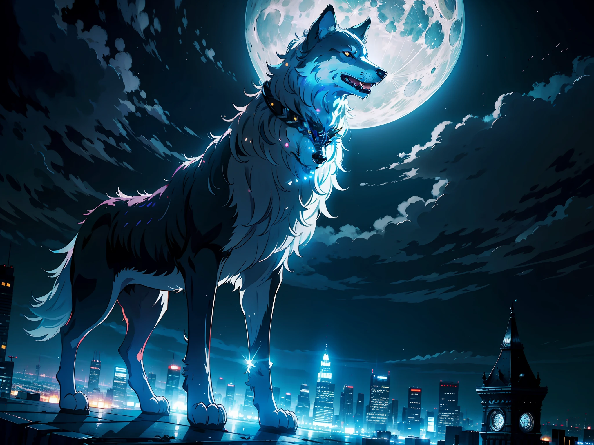 Huge silver moon, bright city, a wolf roaring at the sky, hairy, mighty and domineering, surreal
