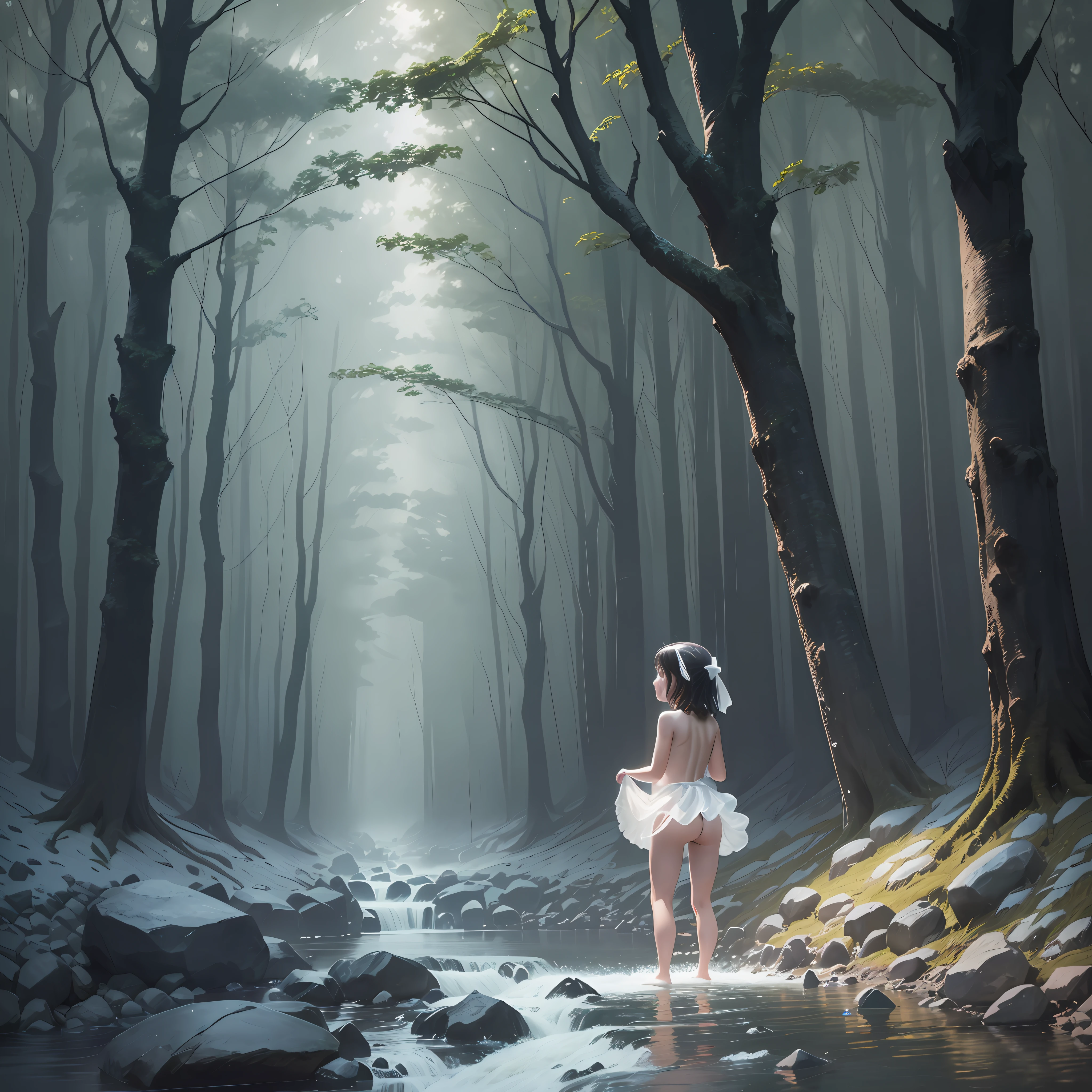 Dark night, forest rock stream, dark night, , naked, riding a sacred deer, the sacred deer is all white, the sacred deer emits a dazzling light, jumping