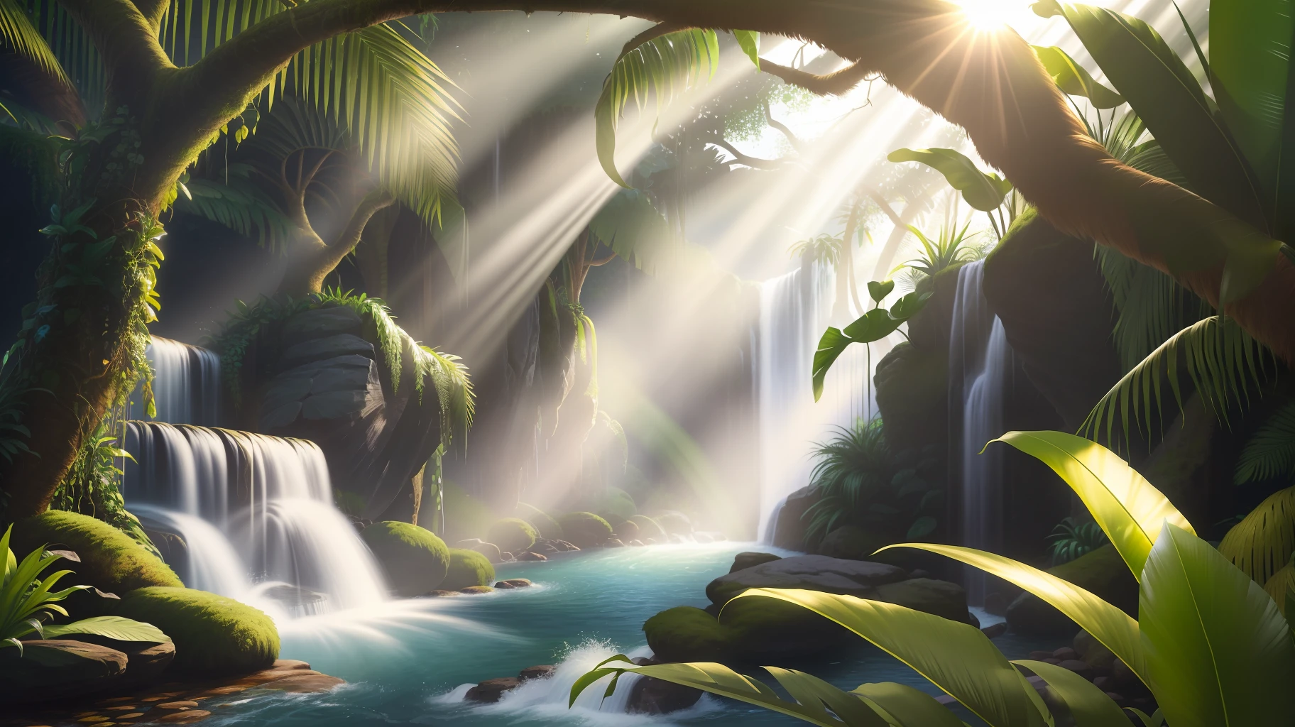 ((high resolution, high quality, 8k, masterpiece, realistic)), landscape of the Amazon forest, Lush greenery, with vines and creepers hanging down from trees, A waterfall or river flowing through the center of the scene, Exotic birds such as macaws and toucans perched on tree branches, Sun rays piercing through the canopy of trees, A variety of plant life including tall palm trees, ferns, and bromeliads