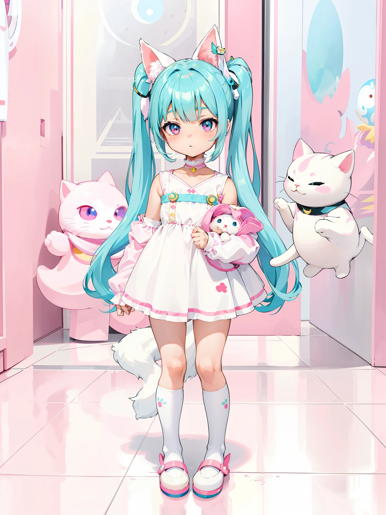 anime girl in a white dress and pink shoes standing in front of a pink door, full body adoptable, my dress up darling anime, inspired gacha club game, cute art style, !!full body portrait!!, in a space cadet outfit, white cat girl, pink twintail hair and cyan eyes, aesthetic cute with flutter, lunar themed attire