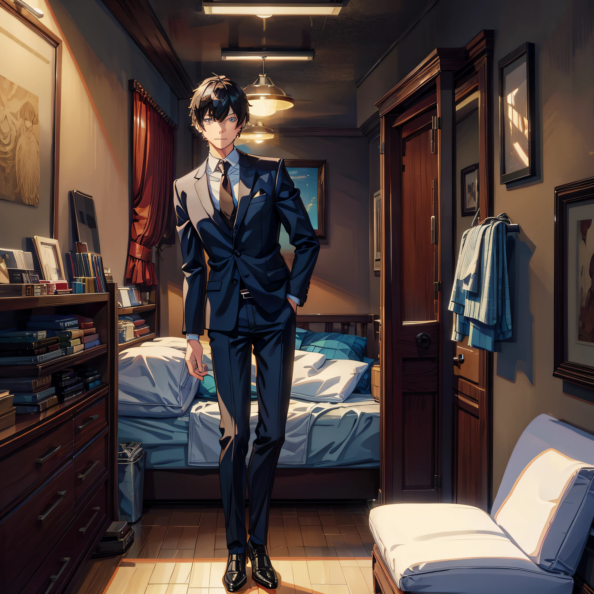 Male, short black hair, fine eyes, suit, bad smile, room, single