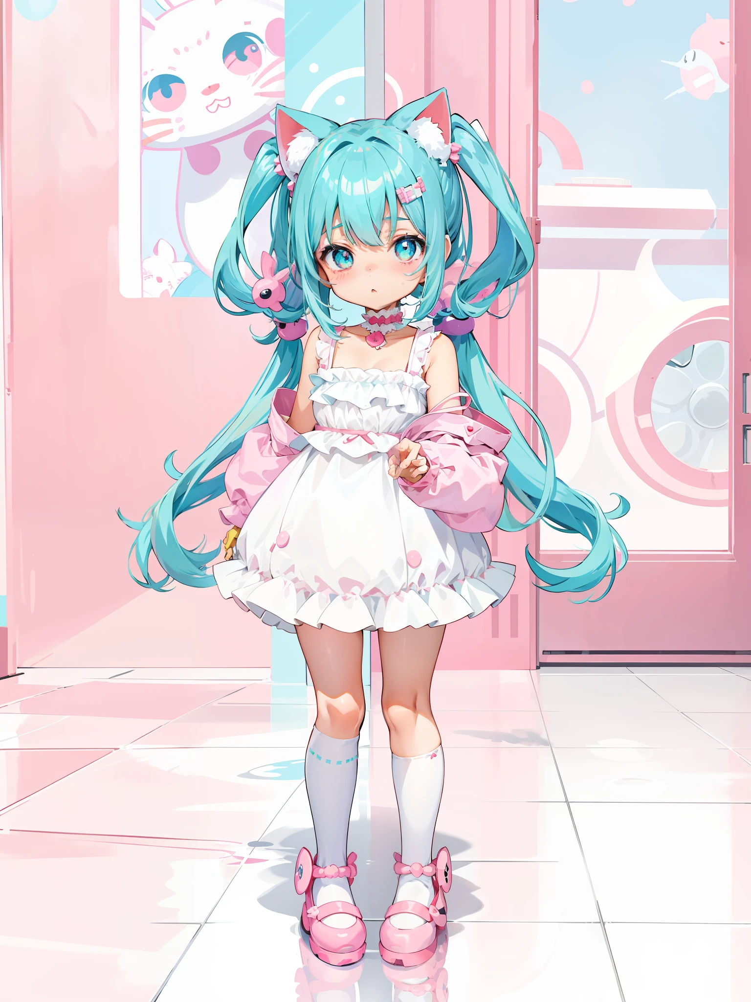 anime girl in a white dress and pink shoes standing in front of a pink door, full body adoptable, my dress up darling anime, inspired gacha club game, cute art style, !!full body portrait!!, in a space cadet outfit, white cat girl, pink twintail hair and cyan eyes, aesthetic cute with flutter, lunar themed attire
