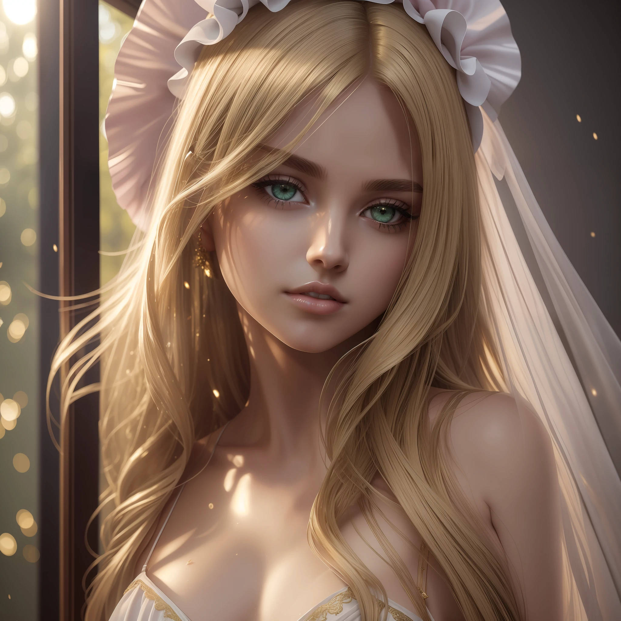 Dark blonde, long straight hair, green eyes, clear white wet negligee, European youth, perfect body, perfect face, light makeup, light pink lips, girl in shower, one girl, unbuttoned shirt, lipstick, hair band, colored inner hair , hype, {steam}, viewer perspective, golden hour lighting, comic, atmospheric perspective blur, detail, cinematic lightweight, intricate detail, high resolution, detailed face design characteristics, high detail, clear focus, smoothness, aesthetics, high detail, Print, Octane, {{masterpiece}} --auto --s2