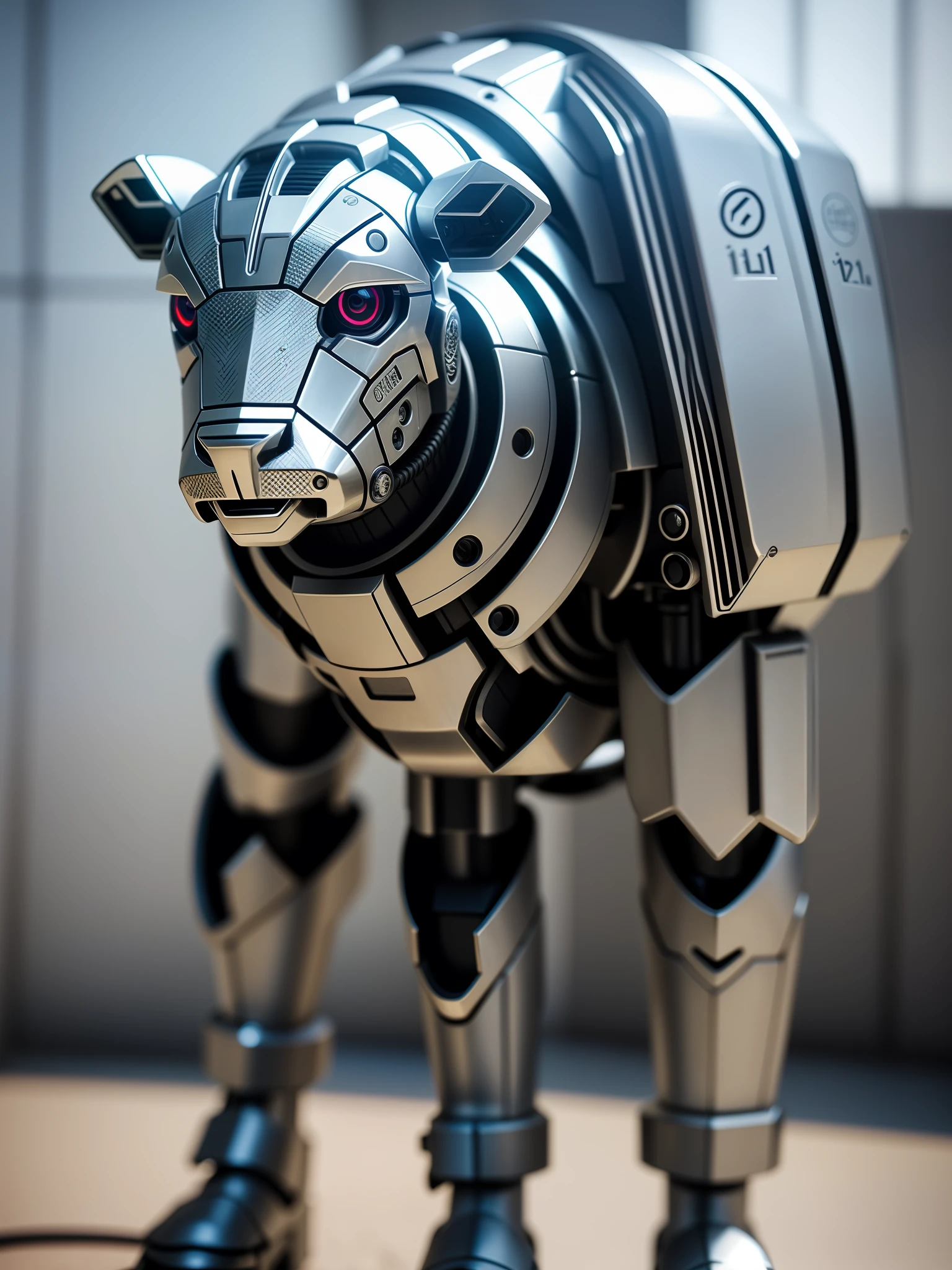 A cute calf in metal armor, (cyborg: 1.1), ([tail | detailed wire]:1.3), (complex detail), hdr, (hyperdetailed: 1.2), cinematic shot, vignette, centered