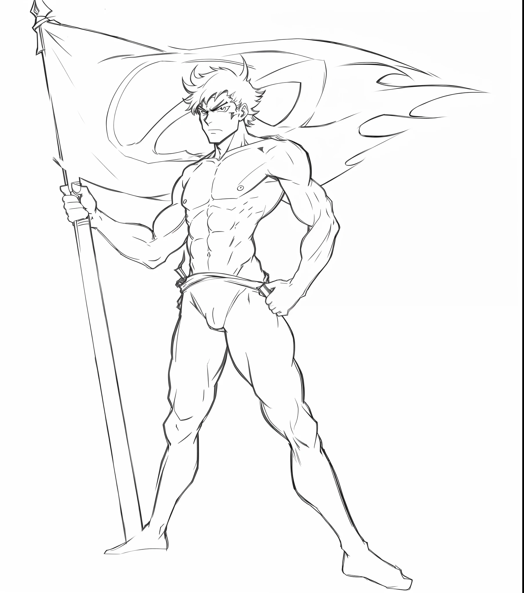 a drawing of a man with a flag and a sword, full body concept, heroic masculine pose, clean lineart, bold lineart, full body character drawing, clean anime outlines, full body portrait of a short!, simple lineart, perfect lineart, thick lineart, full body drawing, full body savage devilman, full body!, dramatic standing pose