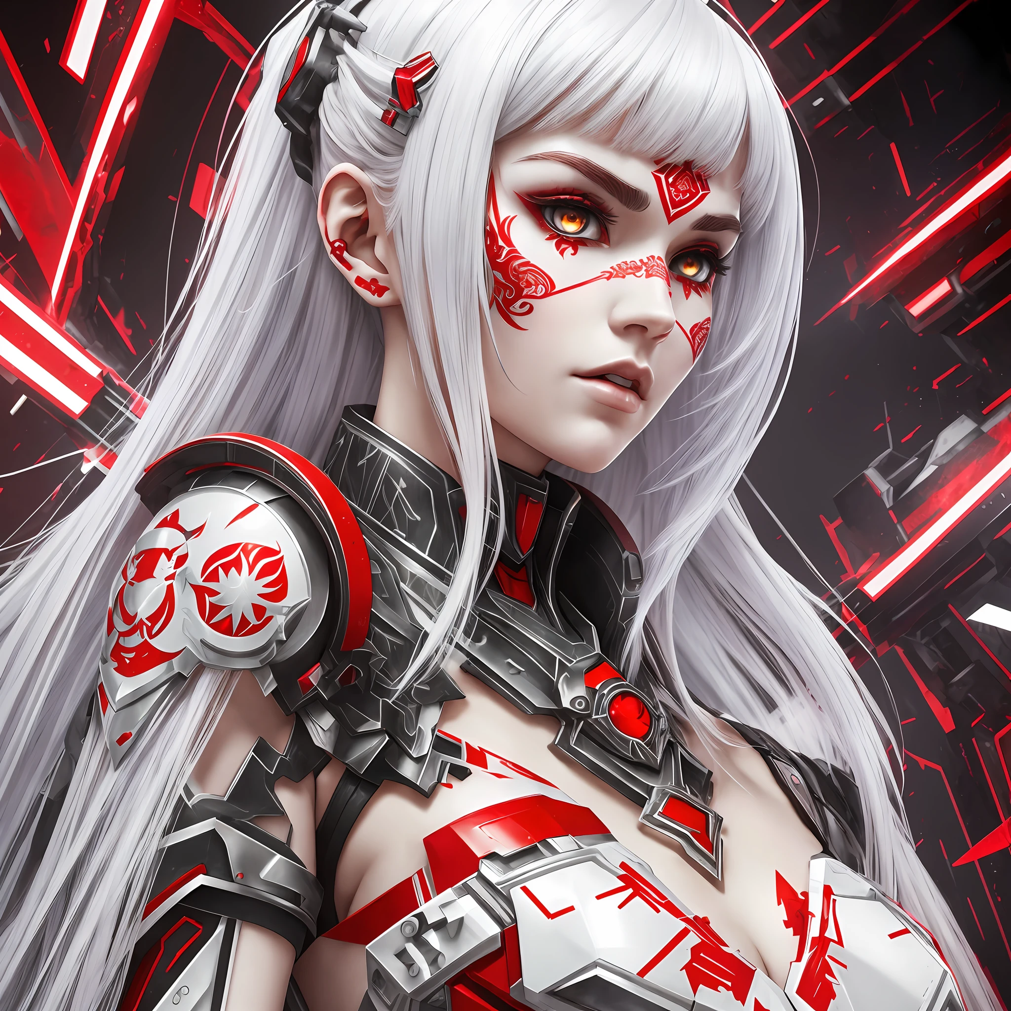 machine female character, grimes neofantasy anime CRISPR gene, 8K, ultra HD, full details, futuristic style, henna white tattoo in her face, red and white colors, white hair, exoskeleton armor, elegant white armor