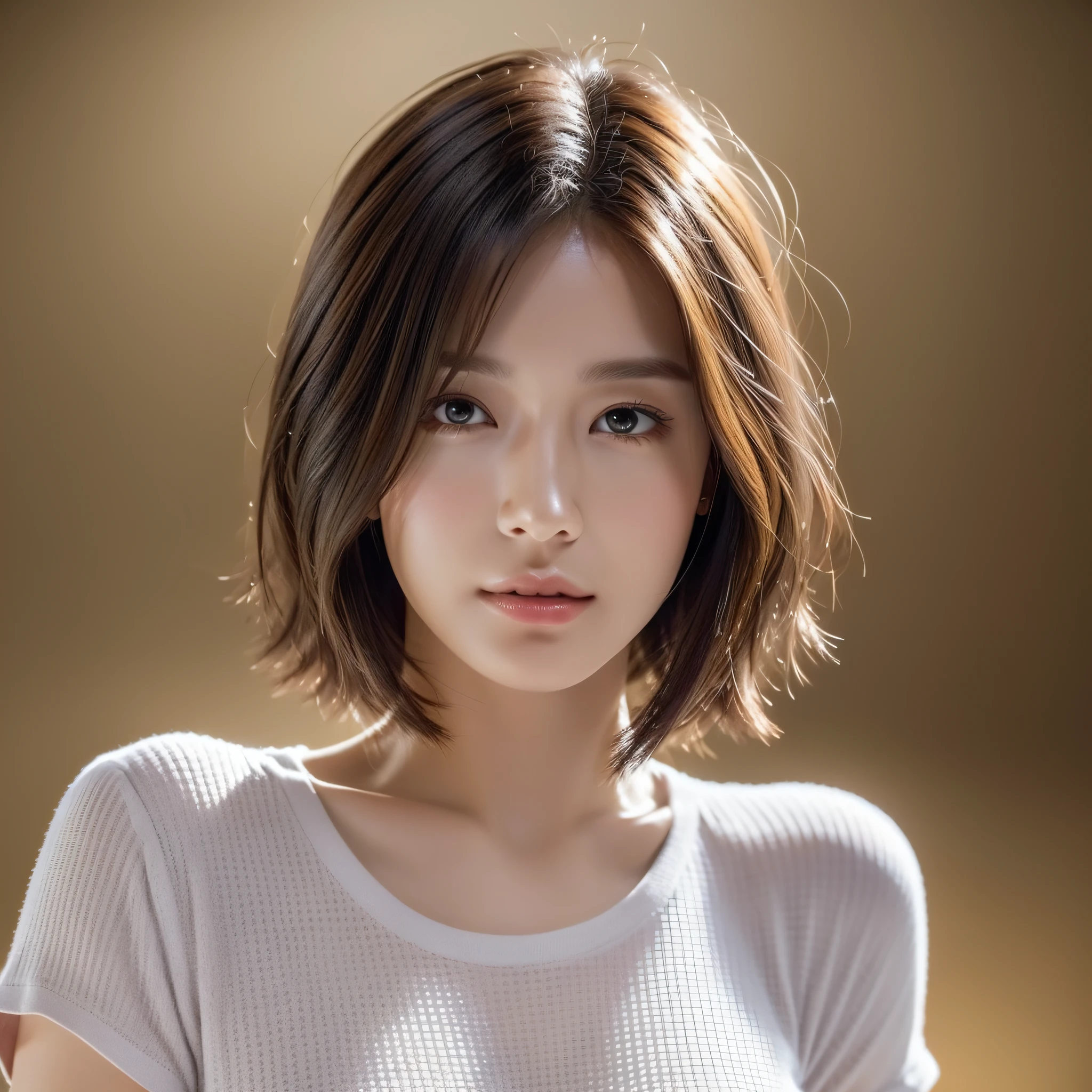 Dressed, (Photoreal: 1.4), (Hyperrealistic: 1.4), (Realistic: 1.3), (Smooth Lighting: 1.05), (Improved Cinematic Lighting: 0.9), 32K, 1 Girl, 20 Year Old Girl, Realistic Lighting, Backlit, Face Lights, Ray Tracking, (Bright Light: 1.2), (Quality Improvement: 1.4), ( Top quality realistic textured skin: 1.4), Fine Detailed Eyes, Detailed Face, Fine Quality Eyes, (Tired, Sleepy and Satisfied: 0.0), Face Close-up, T-Shirt, (Enhance Body Line Vibe: 1.1), (Enhance Skin Texture Beauty: 1.1), Bob Cut