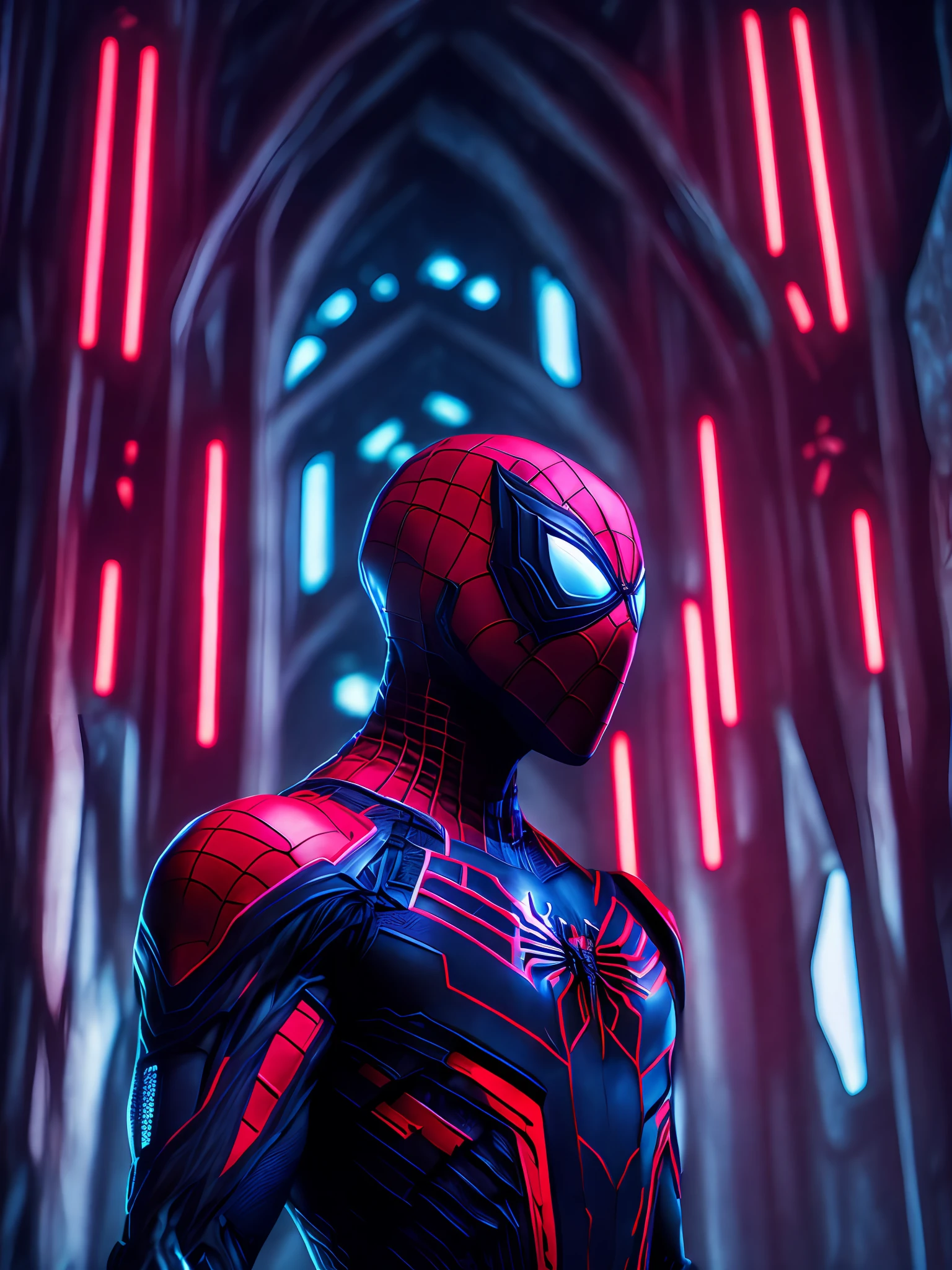 dark portrait of Spider-Man 2099 from Marvel Comics with intricate angular cybernetic implants inside a brutalist building, gothic brutalist cathedral, cyberpunk, award-winning photo, bokeh, neon lights, cybernetic limb