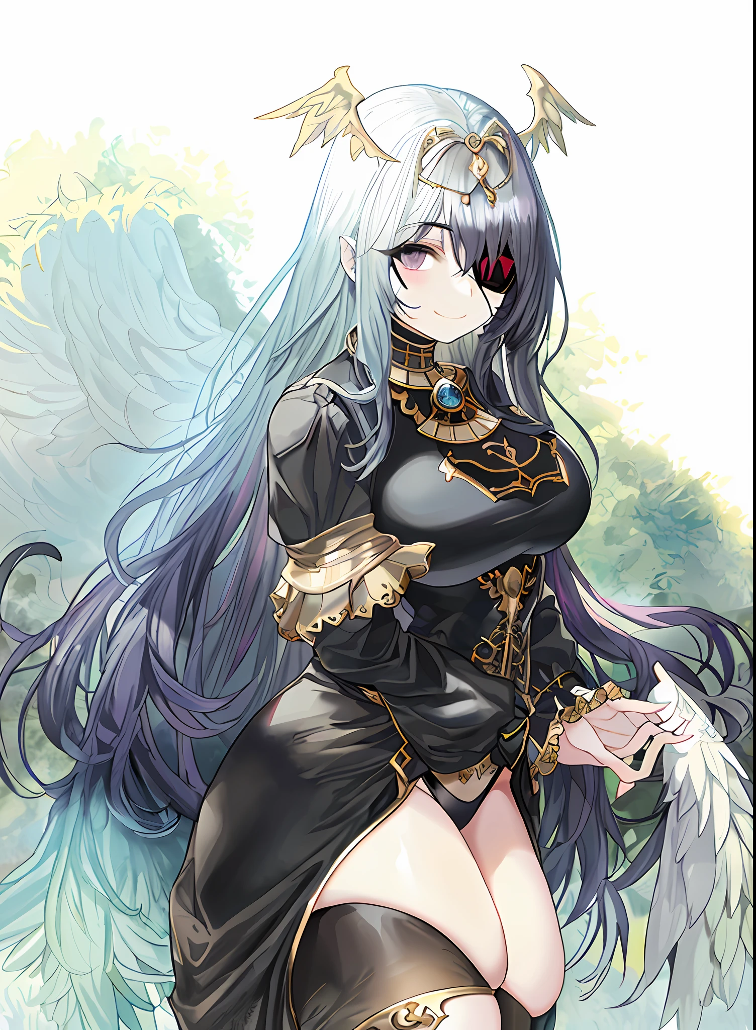Masterpiece, best quality, thick thighs, thick legs, ((huge breasts)), black eyes, creepy smile, eyepatch, beauty mark, skimpy clothes, (egyptian clothes), bikini, (angel wings)