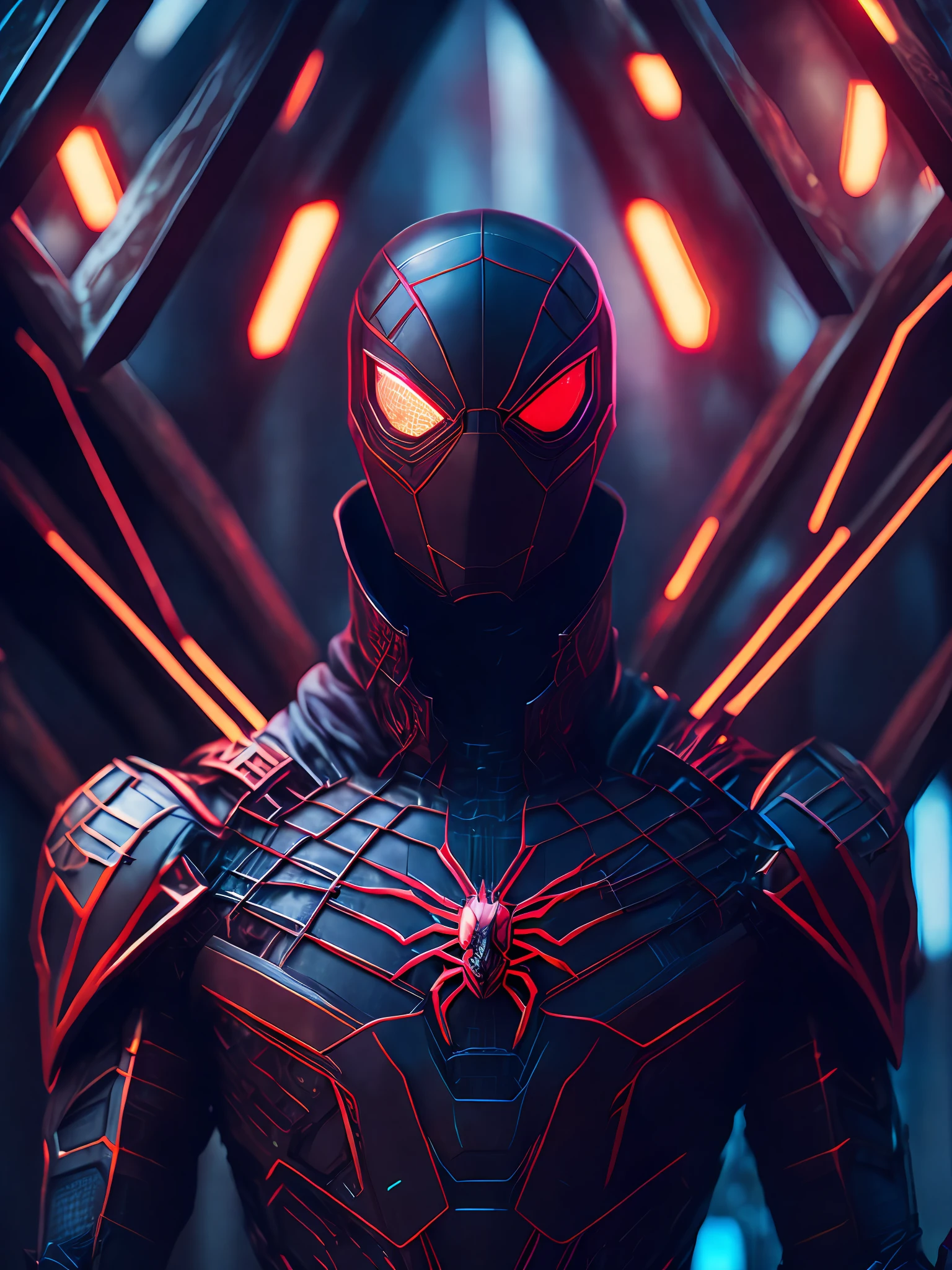 a somber portrait of Iron Spider from Marvel Comics with intricate angular cybernetic implants inside a brutalist building, a gothic brutalist cathedral, cyberpunk, award-winning photos, bokeh, neon lights, cybernetic limb
