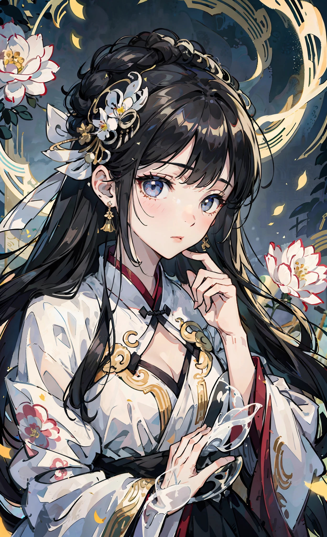 Official Art Illustration, Girl, Black Eyes, Black Hair Color, Floating Hair, Hairpin, Delicate Eyes, Intricate White Hanfu, Gorgeous Accessories, Intricate Filigree, Wearing Earrings, FOV, F/1.8, Masterpiece, Background with Ancient Chinese Style Architecture, Night, Petals Flying, Frontal Perspective, Chang'e, Side Light, Moonlight Shining on People, 8K, Hazy