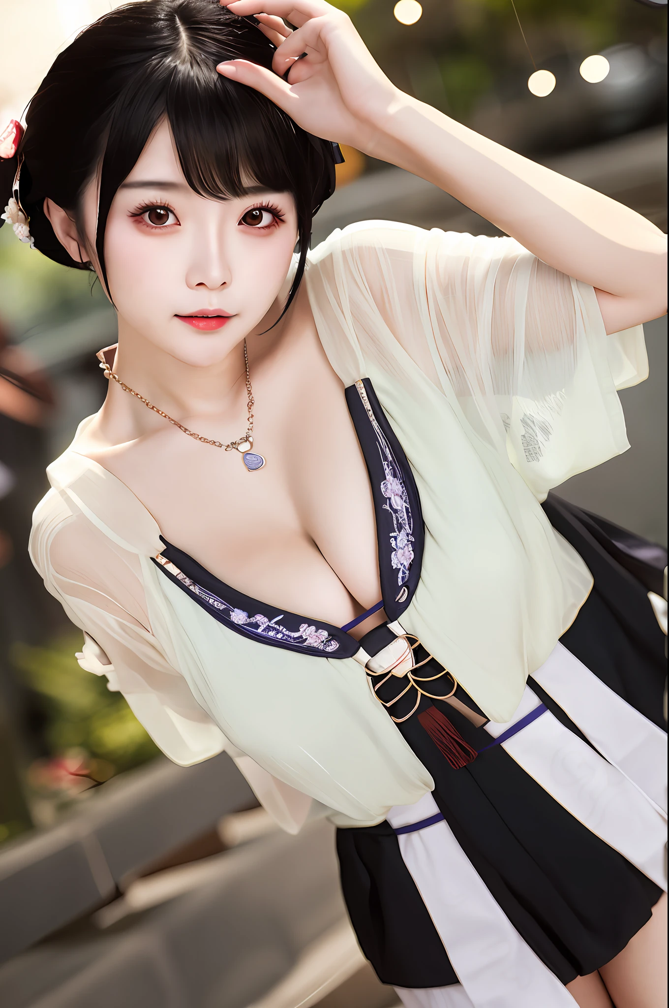 1 girl, solo, chinese girl, photorealistic, photorealistic, looking viewer, blurred background, black hair, necklace,breasts, cleavage, cleavage clipping, clothes clipping Solo Focus, Short Hair, Hanfu, River, Movie Lighting, Depth of Field, Cleavage, Clavicle, ULZZANG-6500