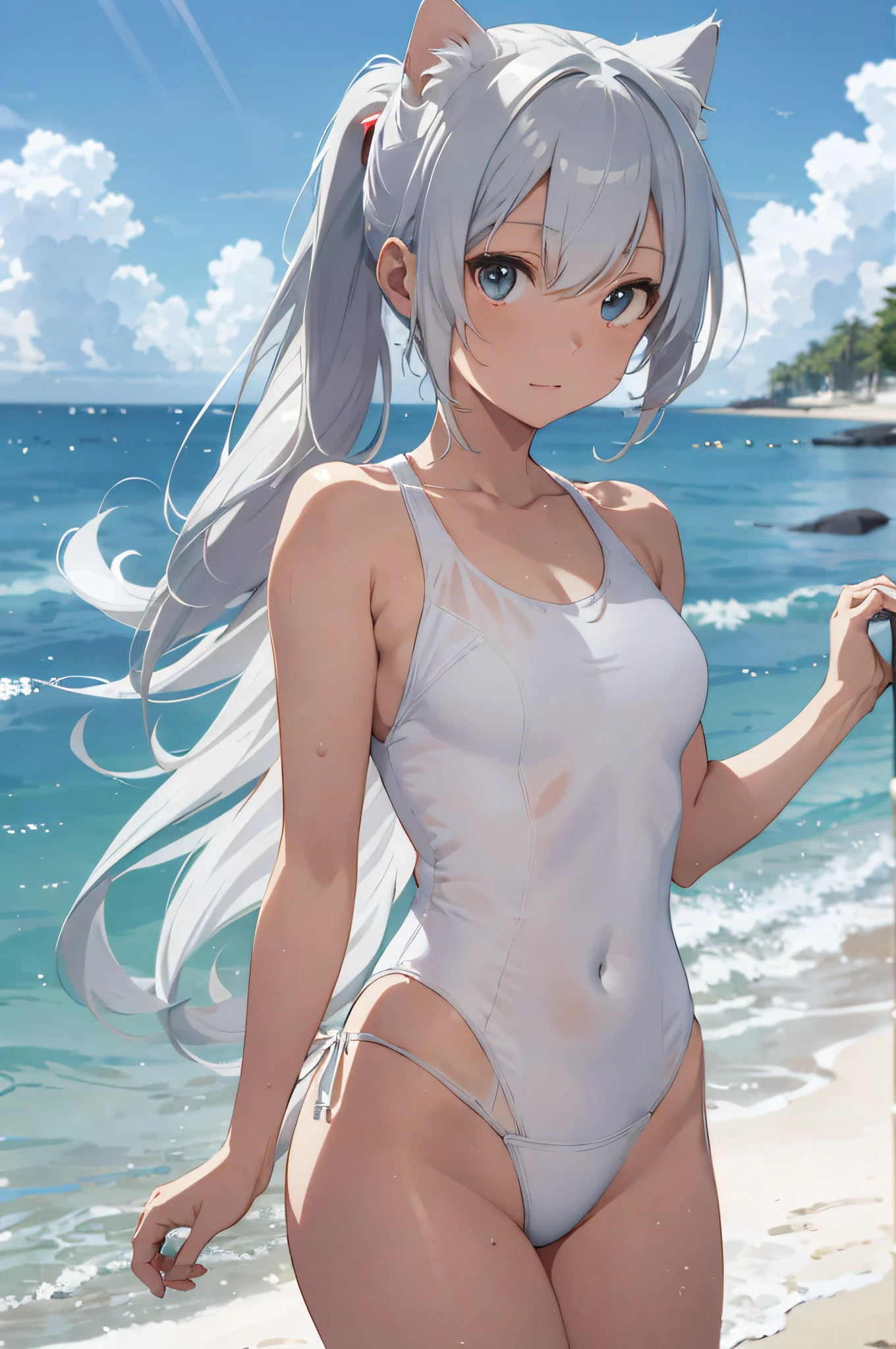 Beautiful, Masterpiece, Best Quality, Hiqcgbody, Anime, 1girl, Medium, Bikini, ((White Swimsuit)), Portrait Shots, View Viewer, Partially Submerged,Southern,Beachfront, ((Silver Hair)),(Cat Ears),Ponytail,Wet Skin, Intricate Details,>,((Covered)