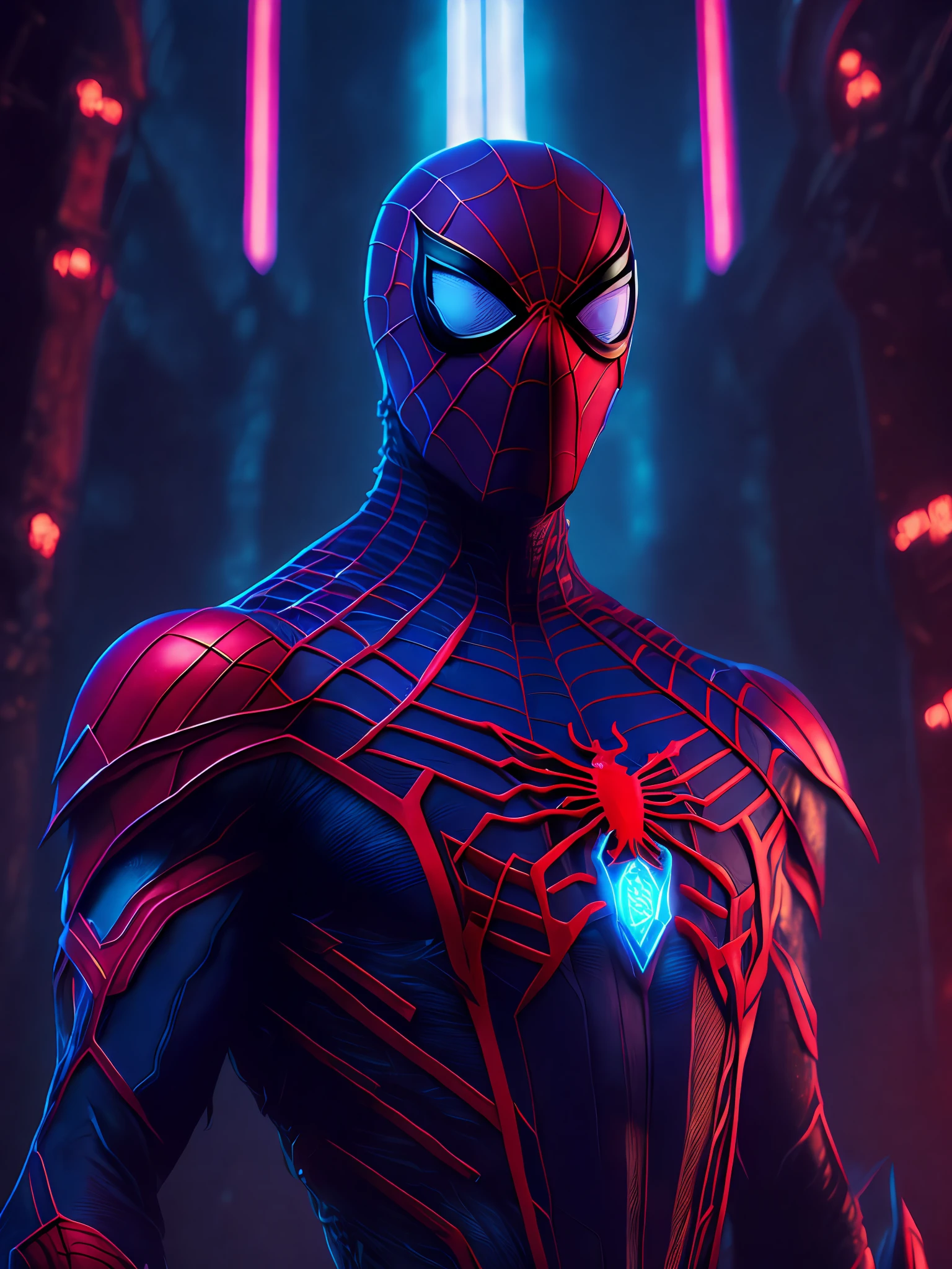 grim portrait of The Savage Spider-Man from Marvel Comics with intricate angular cybernetic implants inside a brutalist building, gothic brutalist cathedral, cyberpunk, award-winning photo, bokeh, neon lights, cybernetic limb