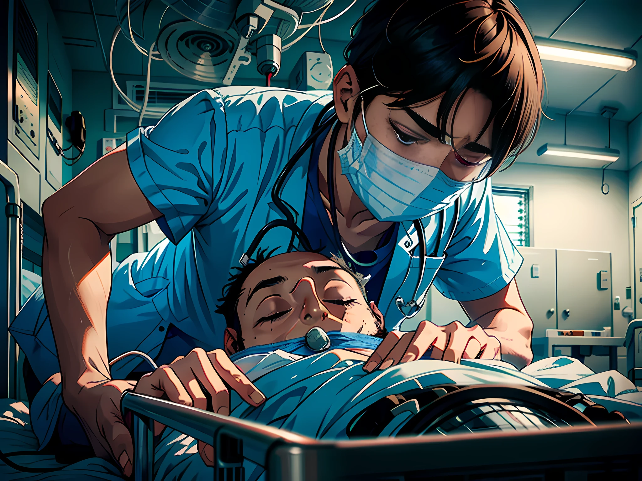In a hospital ward, a man lies on a hospital bed with his face on a ventilator, painful, surreal