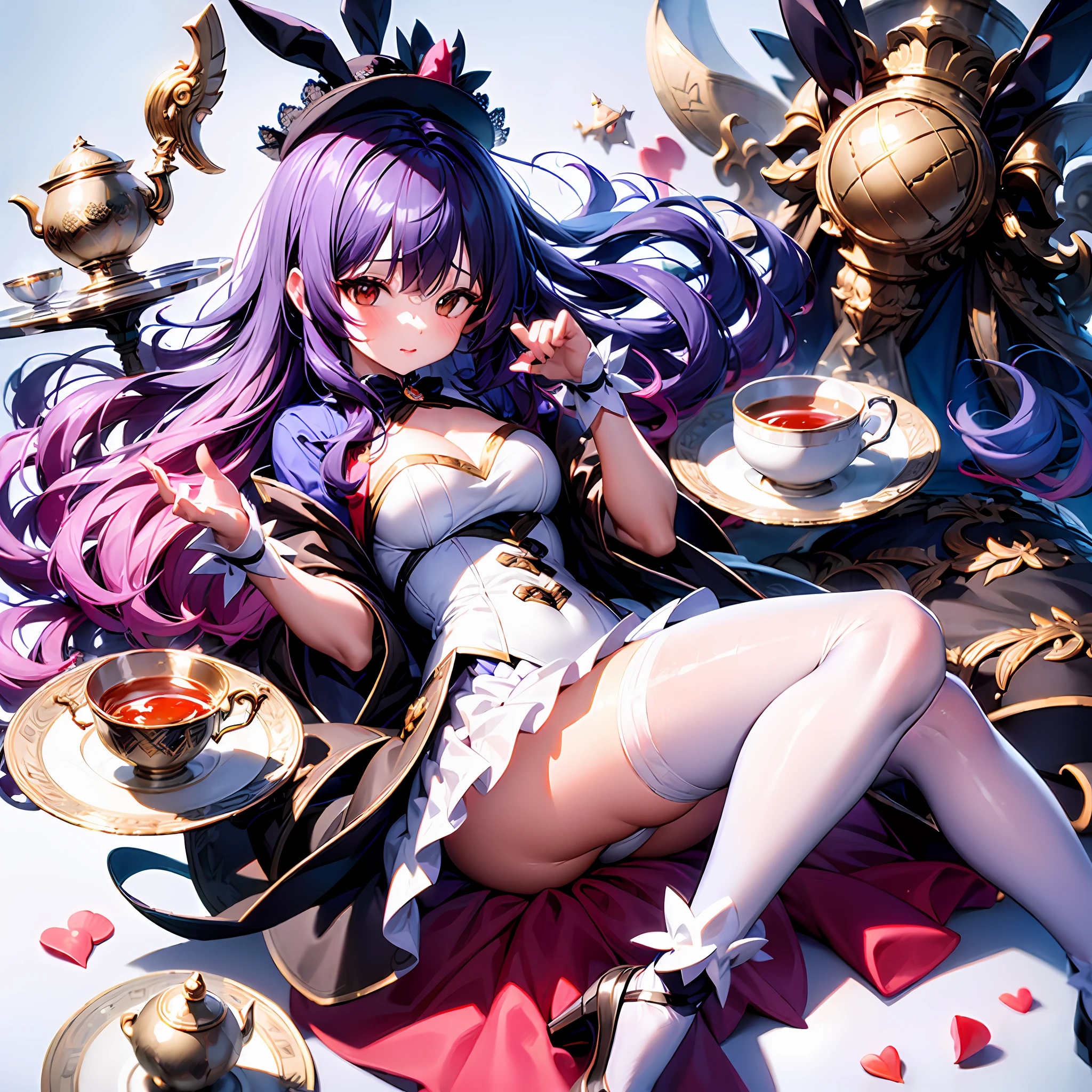 [(white background:1.8)], (isometric:1.0), double exposure, lace, wide shot, full body,//1 girl,(lop rabbit), lop bunny sorceress in tea party, (long floppy bunny ears going down,) wearing a big hat, cute and happy, surrounded by vibrant colors and colorful splashes - a true masterpiece! surrounded of cute magical flying items like potions teacups, spoons