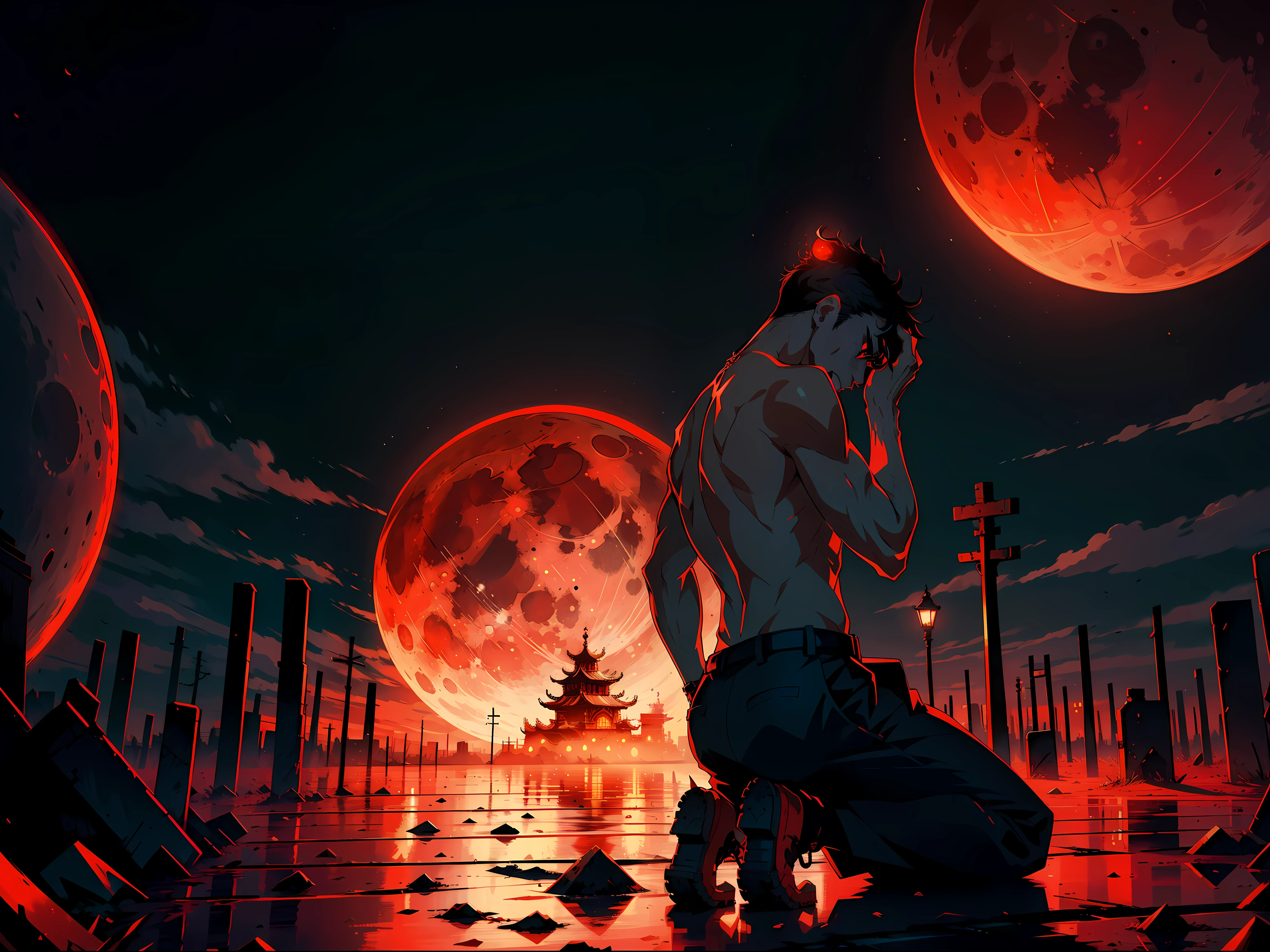 Huge red moon, dim city, a man kneeling on the ground, holding his head in his hands, painful, spikes growing on his back, surreal