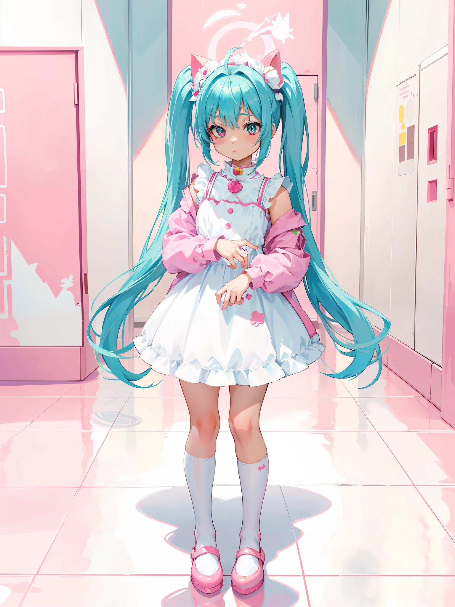 anime girl in a white dress and pink shoes standing in front of a pink door, full body adoptable, my dress up darling anime, inspired gacha club game, cute art style, !!full body portrait!!, in a space cadet outfit, white cat girl, pink twintail hair and cyan eyes, aesthetic cute with flutter, lunar themed attire