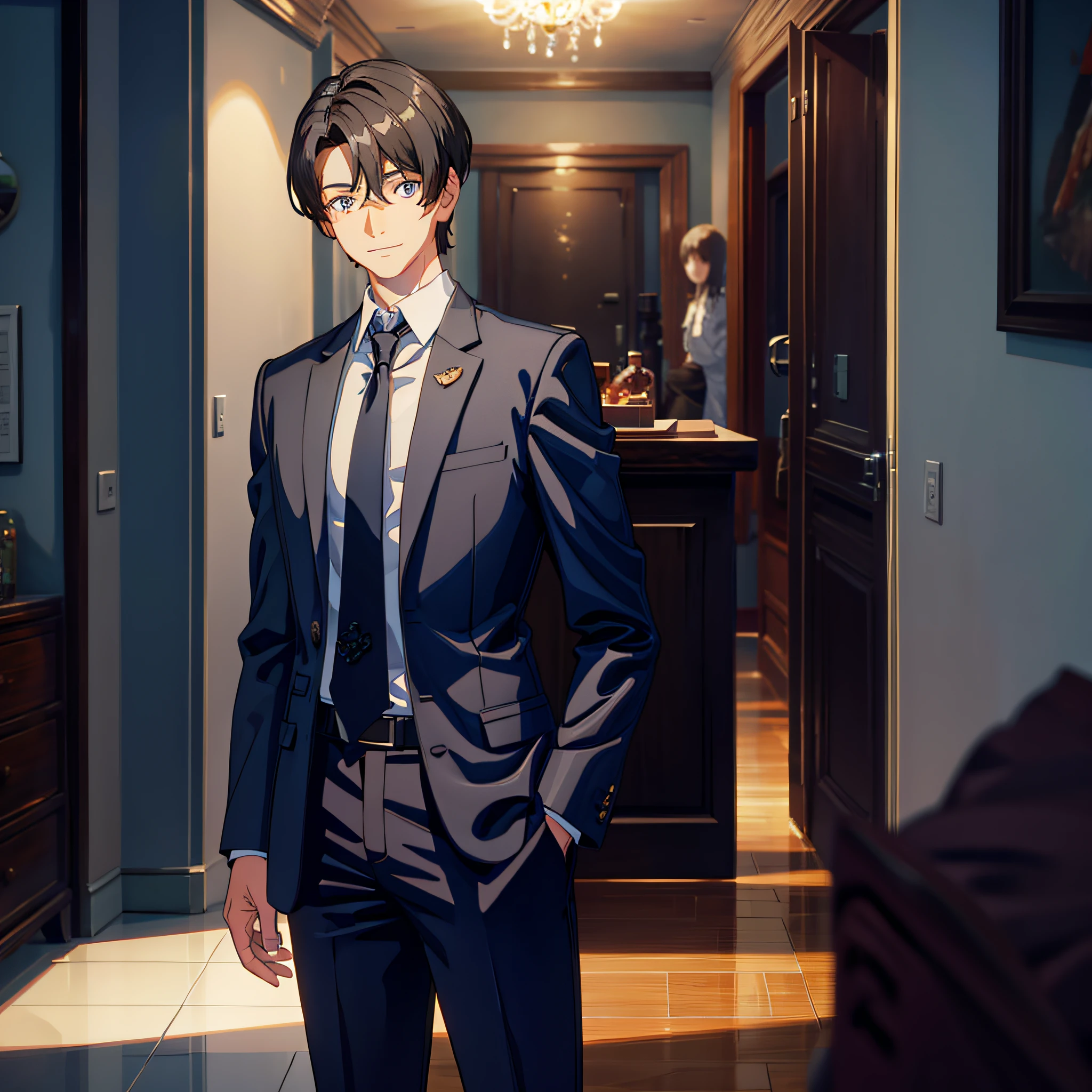 Male, short black hair, fine eyes, suit, bad smile, inside the room, single, half-length shot