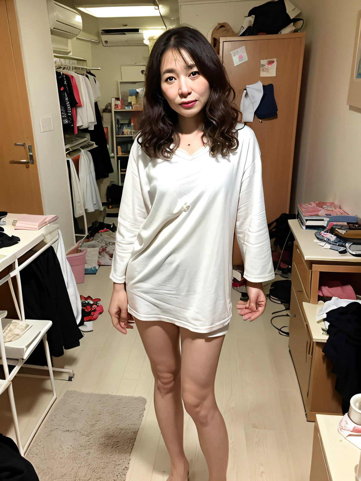 ((Best Quality, 8k, Masterpiece: 1.3)), Sharp Focus, High Quality, High Resolution, Portrait, Solo, Japan Person, Middle Aged Woman, Beauty, 42 Years Old, Wavy Hair, Room Wear, Panties, Wrinkles at the Corners of the Eyes, Full Body, Expressionless, Messy Room, Old Room