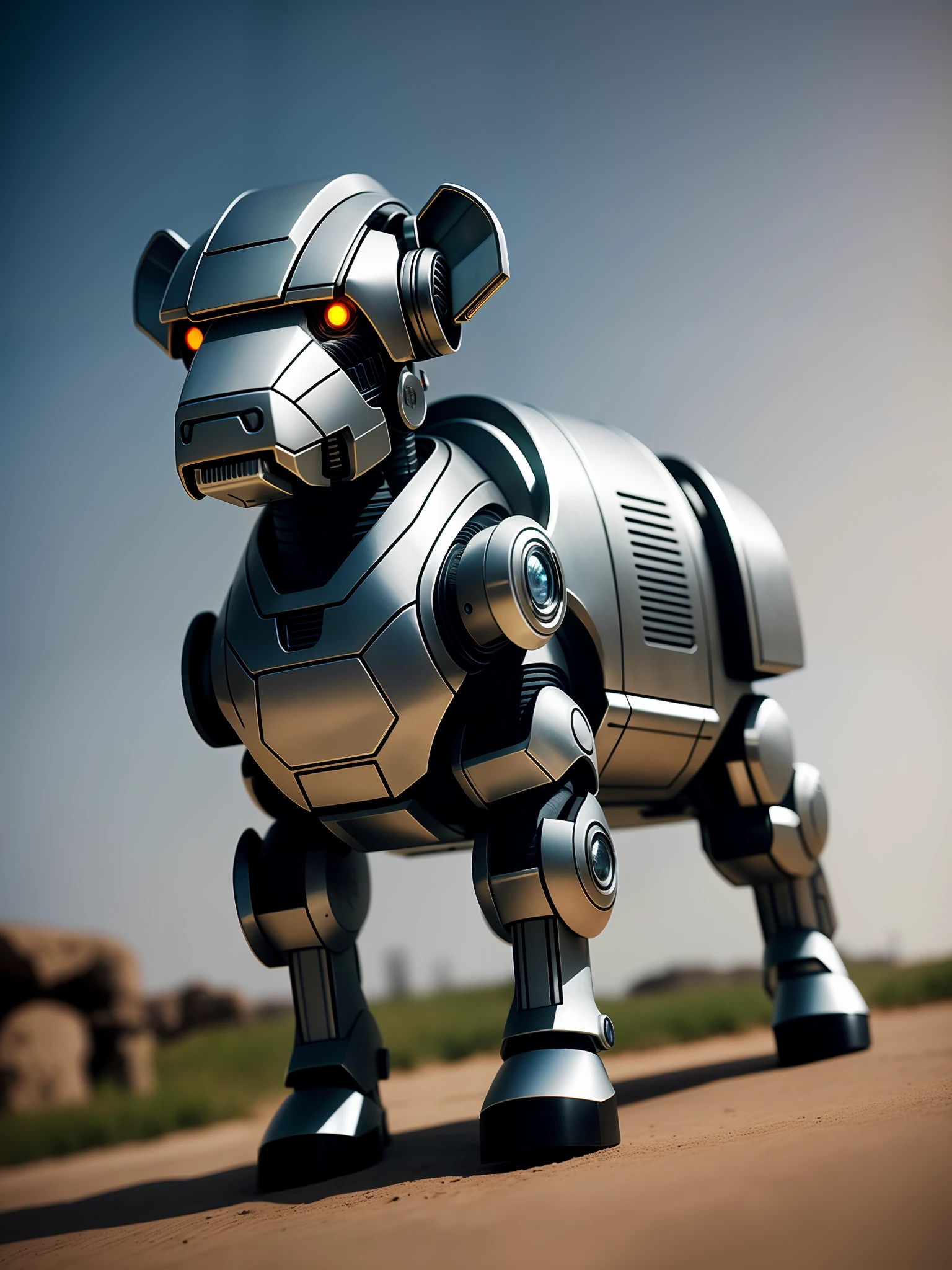 A cute calf in metal armor, (cyborg: 1.1), ([tail | detailed wire]:1.3), (complex detail), hdr, (hyperdetailed: 1.2), cinematic shot, vignette, centered