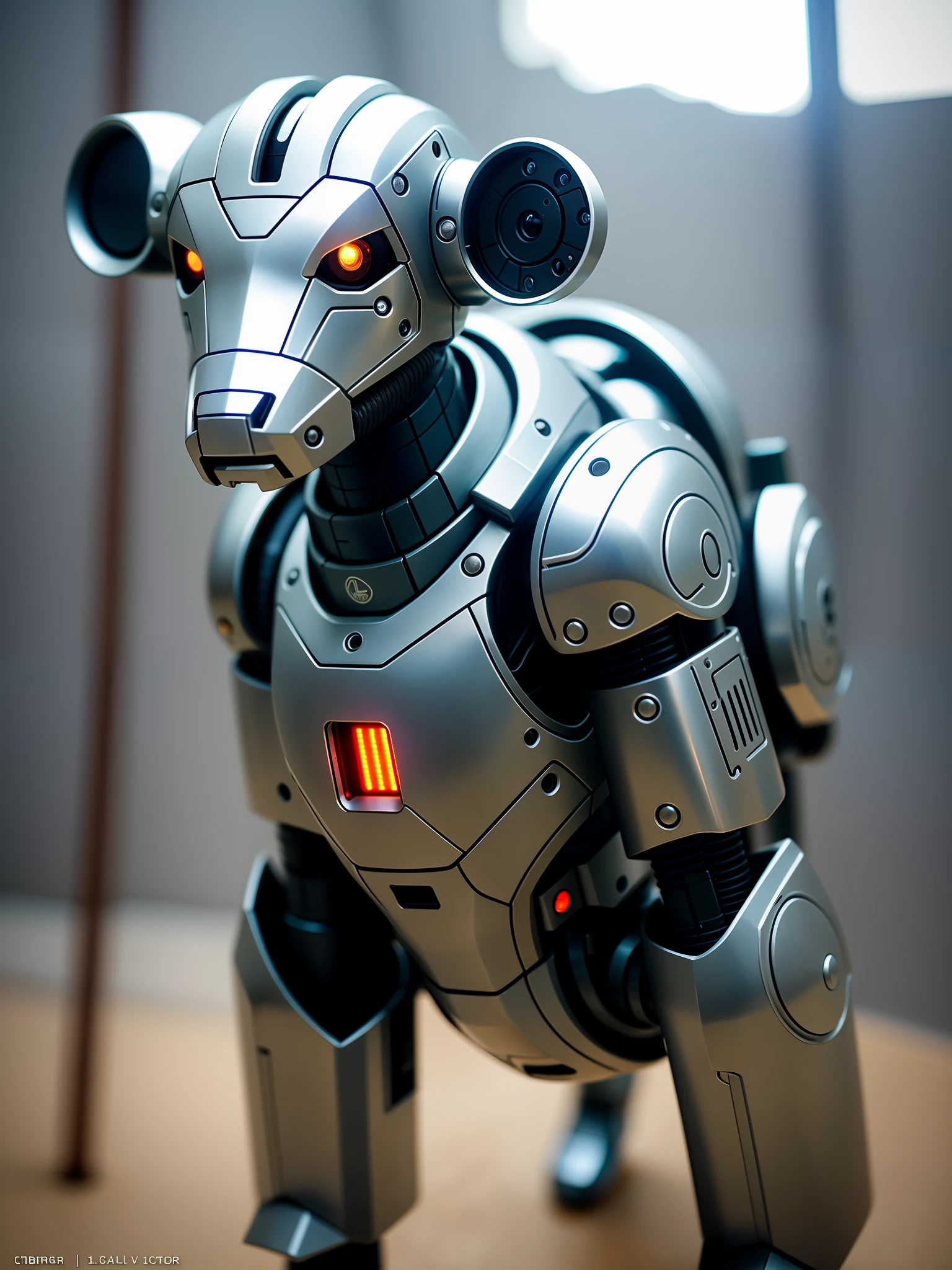 A cute calf in metal armor, (cyborg: 1.1), ([tail | detailed wire]:1.3), (complex detail), hdr, (hyperdetailed: 1.2), cinematic shot, vignette, centered