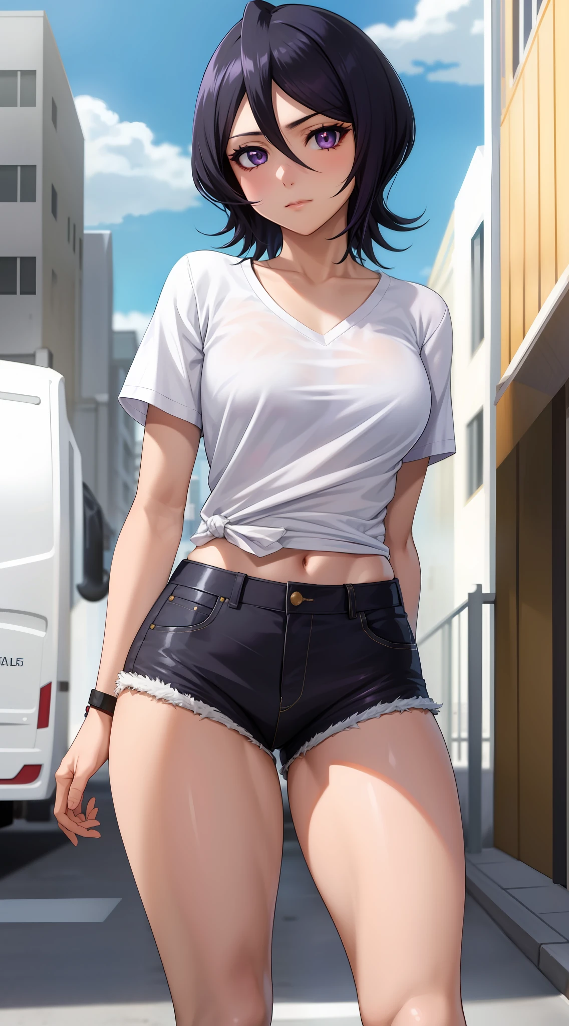 anime screencap, city, 1girl, solo, short hair, black hair, purple eyes, looking at the viewer, hair between eyes, lustful, closed mouth, ass, wide hips, short top, short shorts, unbuttoned shorts, blue sky, clouds, erotica, lots of erotica