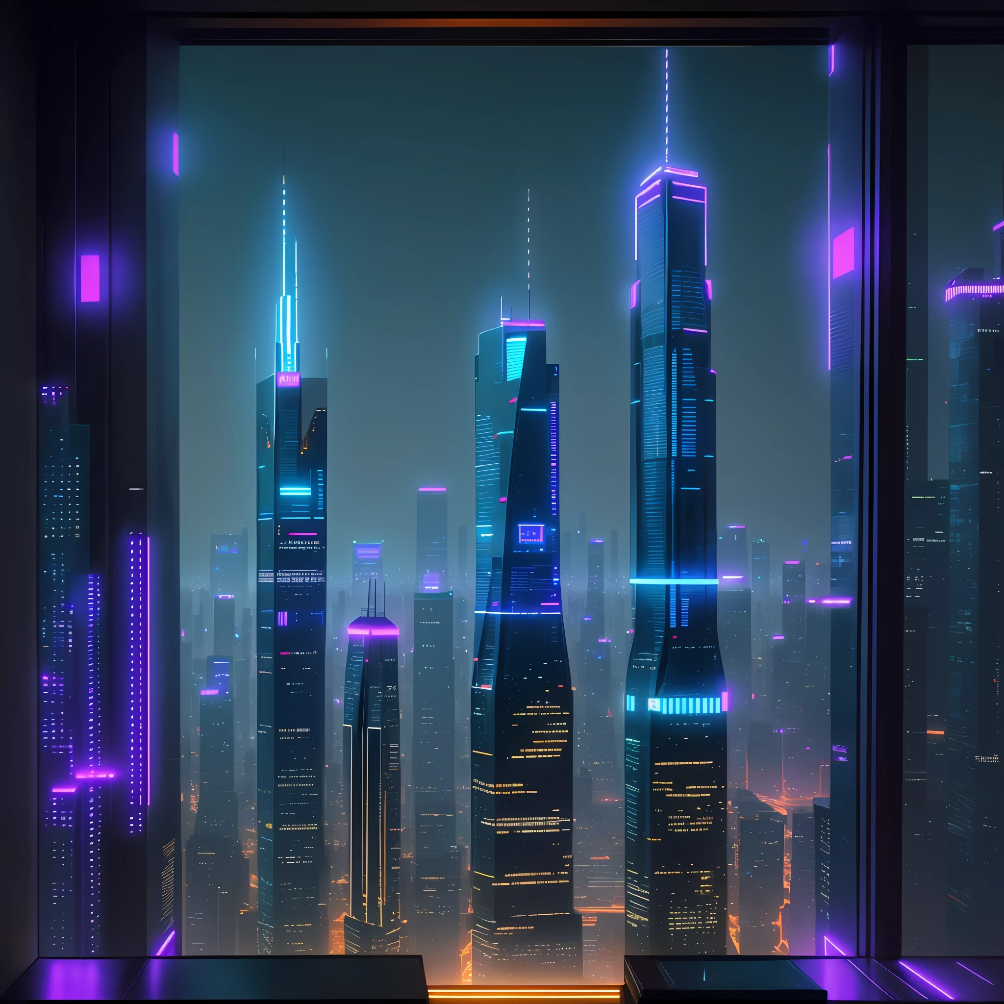 Night view of skyscrapers from the window of a building Cyberpunk Sci-Fi Top Quality Ultra High Resolution Neon Masterpiece Perfect