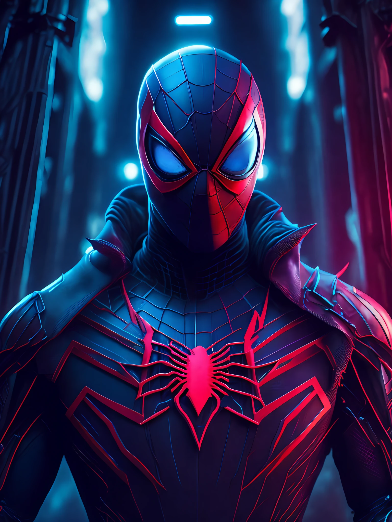 grim portrait of Agent Spider-Man from Marvel Comics with intricate angular cybernetic implants inside a brutalist building, gothic brutalist cathedral, cyberpunk, award-winning photo, bokeh, neon lights, cybernetic limb