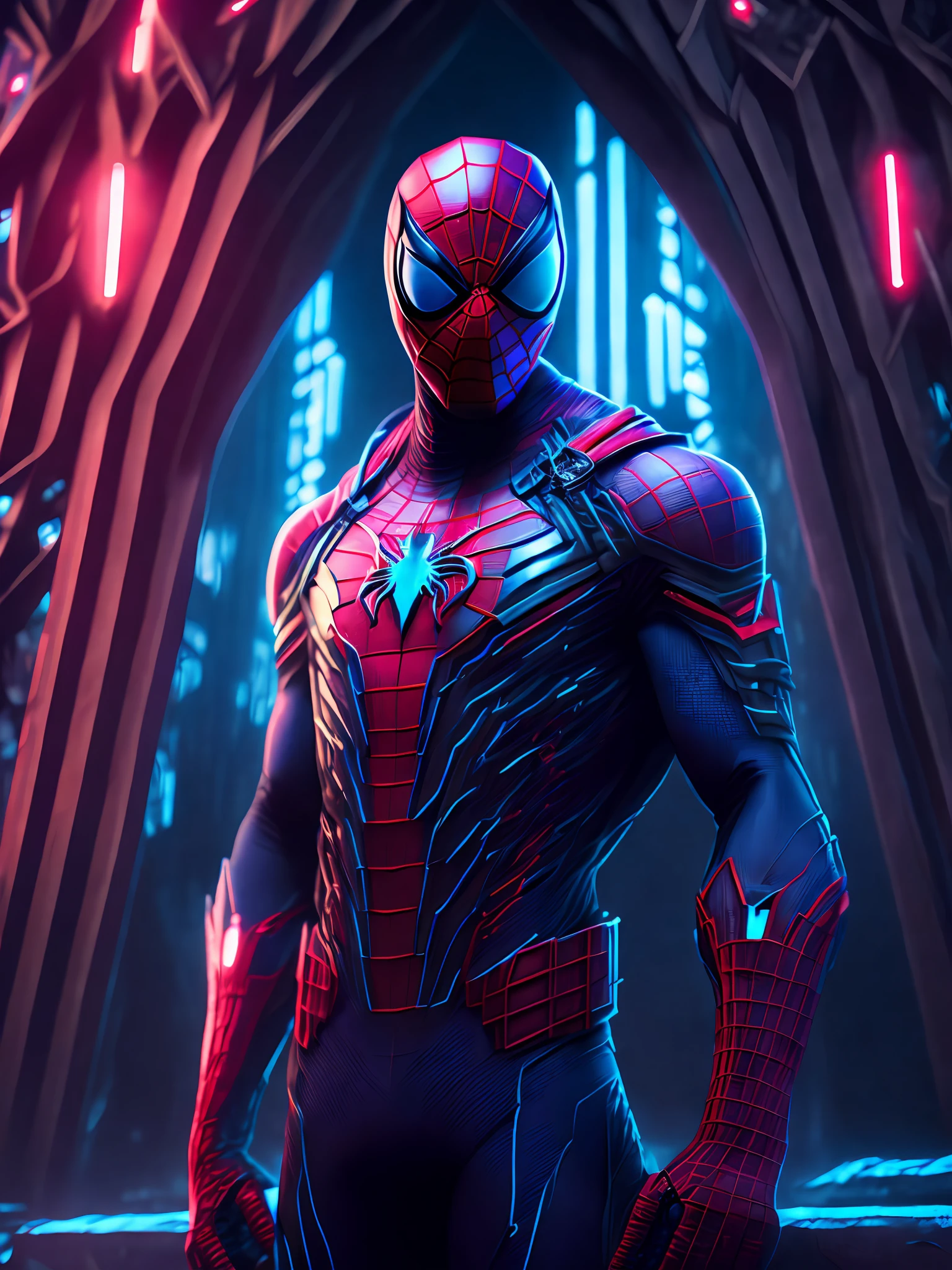 grim portrait of Agent Spider-Man from Marvel Comics with intricate angular cybernetic implants inside a brutalist building, gothic brutalist cathedral, cyberpunk, award-winning photo, bokeh, neon lights, cybernetic limb